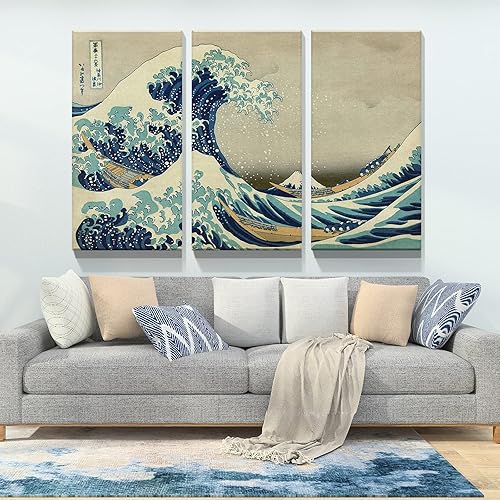 Miniatura 3 de Denozer - Lienzo decorativo para pared de 3 piezas - La gran ola de Kanagawa pintura al óleo de Reproducción Giclée, impresiones en lienzo estiradas
