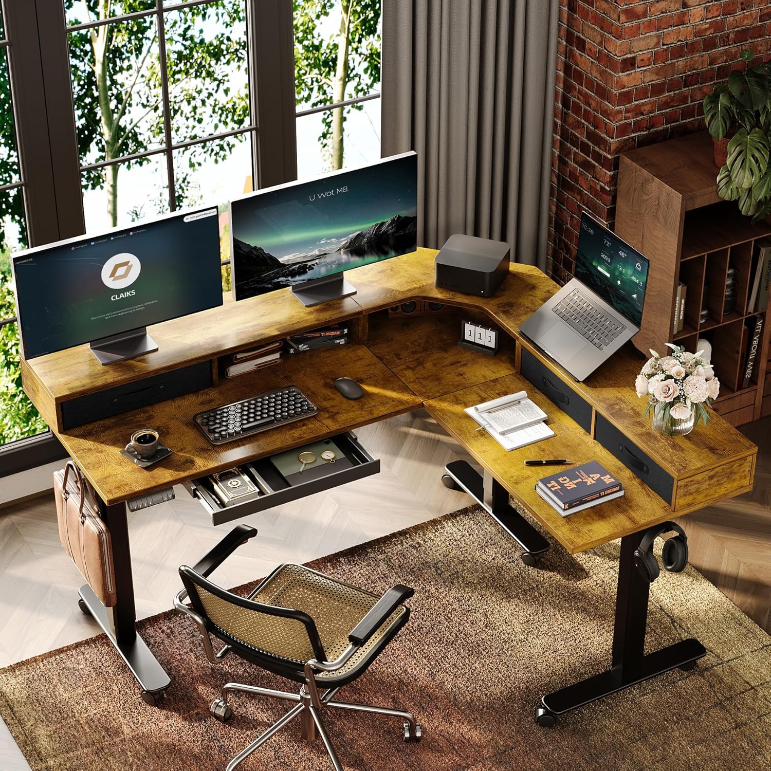 Claiks Dual Motor 63" L Shaped Standing Desk with Drawers, Electric Height Adjustable Standing Desk with Monitor Stand & Splice Board, Black Frame/Rustic Brown Top