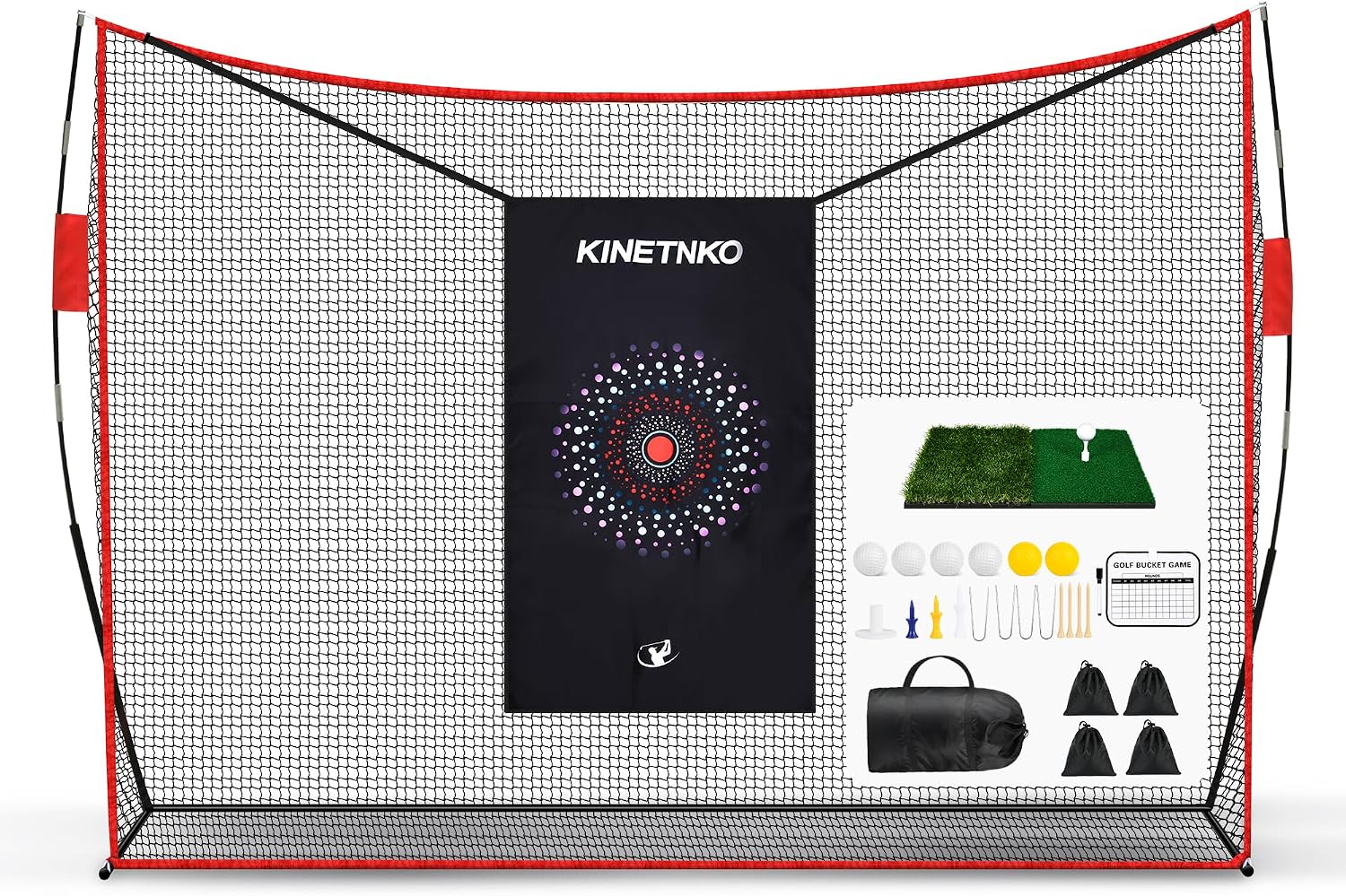 KINETIKO Golf Net, 10x7ft Heavy Duty Golf Practice Net with Foldable Mat, Silk Target, 8 Tees, 6 Balls, Carry Bag, Golf Hitting Nets for Backyard Driving Chipping Indoor Outdoor Garage Training