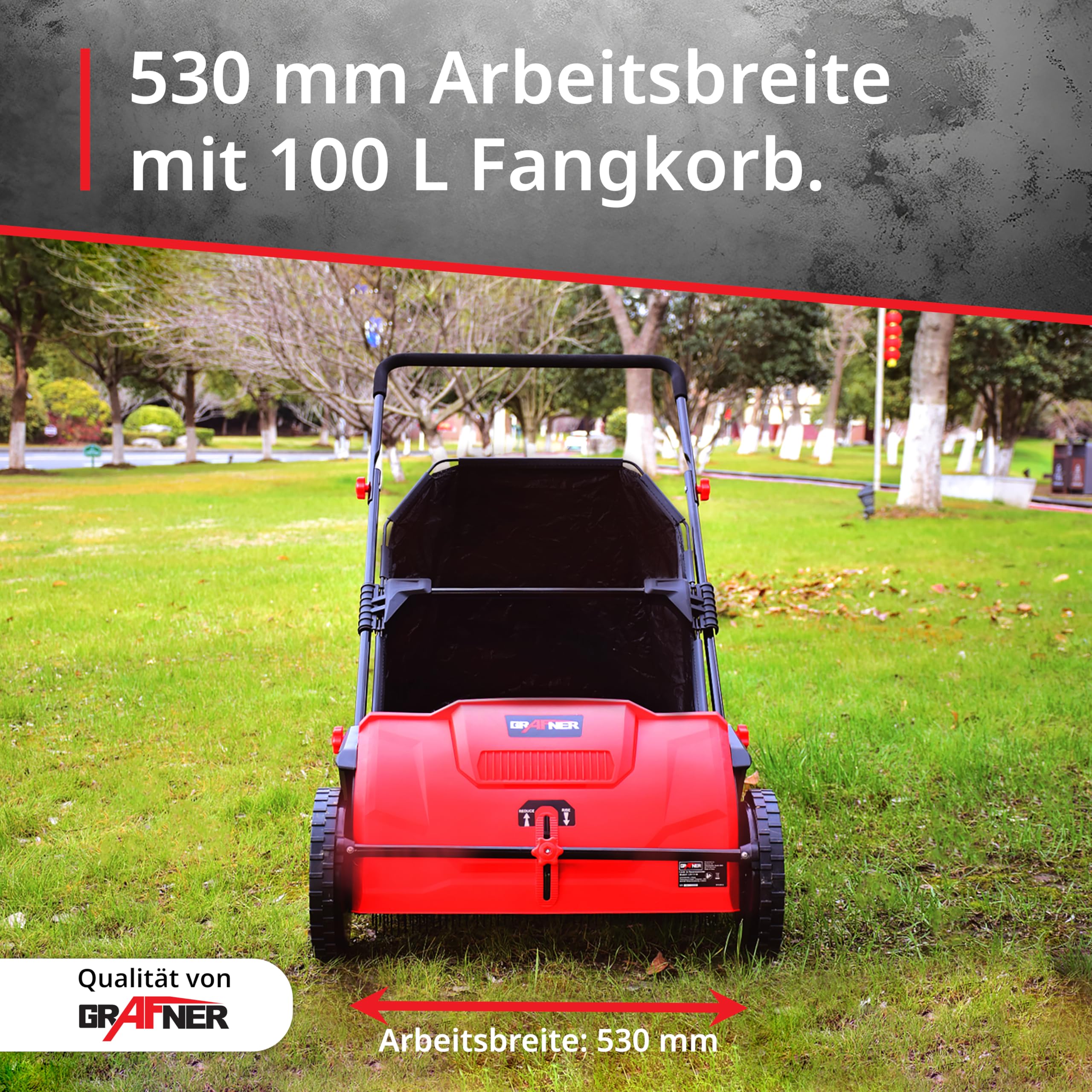 Grafner Laub- und Rasensammler, große Arbeitsbreite: 53 cm, 100 Liter Fangsack, stufenlose Höhenverstellung, Rasen Kehrmaschine Rasenkehrer Laubsammler Kehrmaschine Laubkehrmaschine Grasschnittsammler