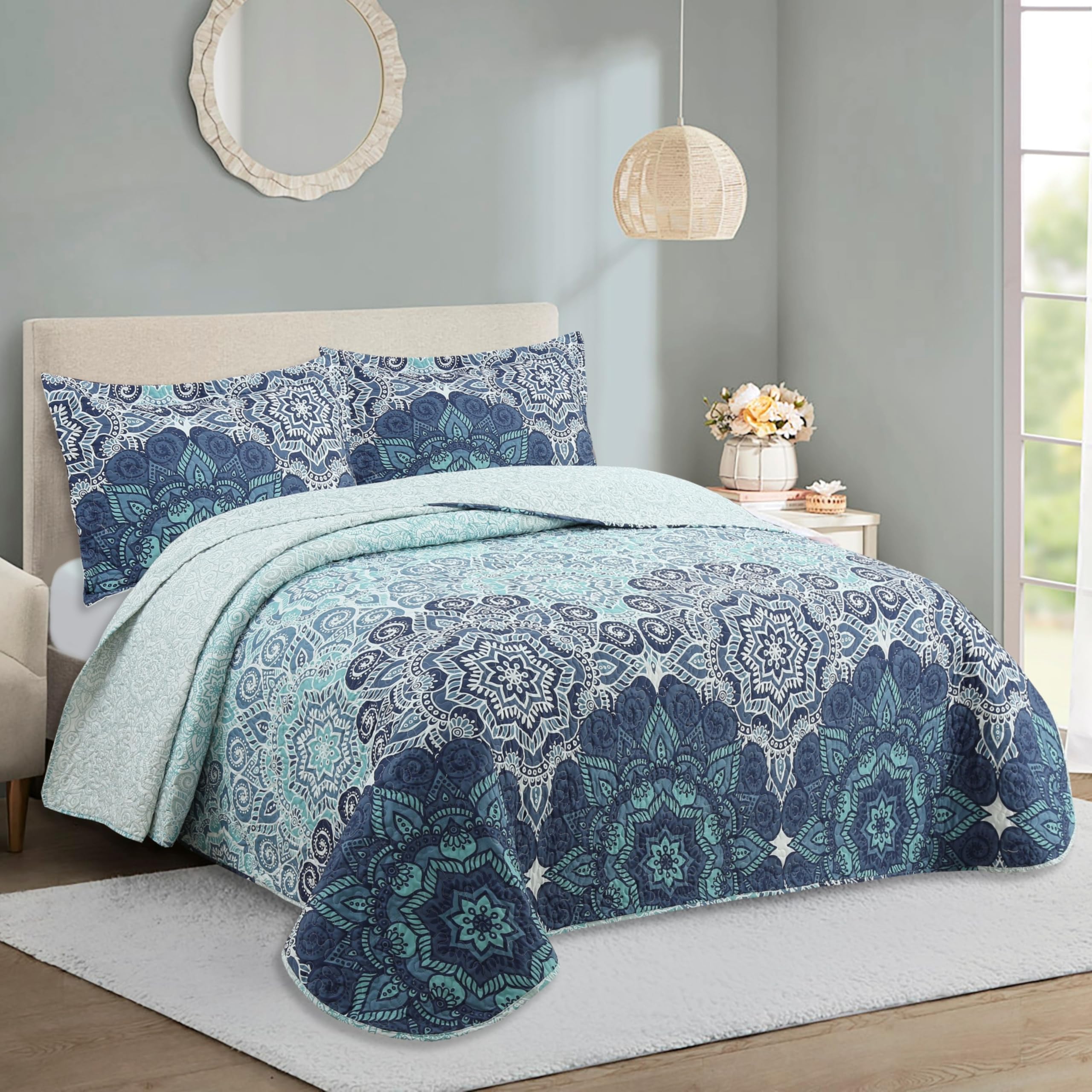 Colcha Boutí Cama 135 (235x270) Estampada para Verano y Entretiempo - Algodón y Poliéster - Cubrecama Ligero y Transpirable con 2 Fundas de Almohada (50x70) – Acabado en Punta Redonda (Nicosia)