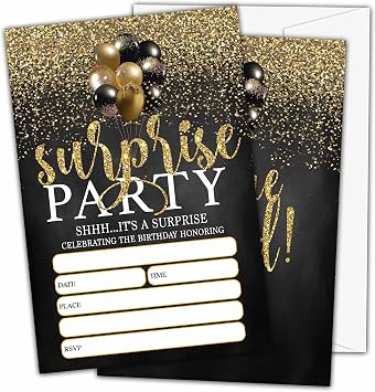 Shhh Its A Surprise Birthday Invitations, Surprise Theme Birthday Party Invitations for Boys Girls Kids, Black and Gold Balloons Fill In Birthday Party Invites, 20 Invitations with Envelopes D02