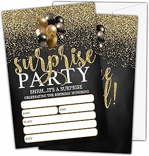 Shhh It's A Surprise Birthday Invitations, Surprise Theme Birthday Party Invitations for Boys Girls Kids, Black and Gold Balloons Fill In Birthday Party Invites, 20 Invitations with Envelopes (D02)