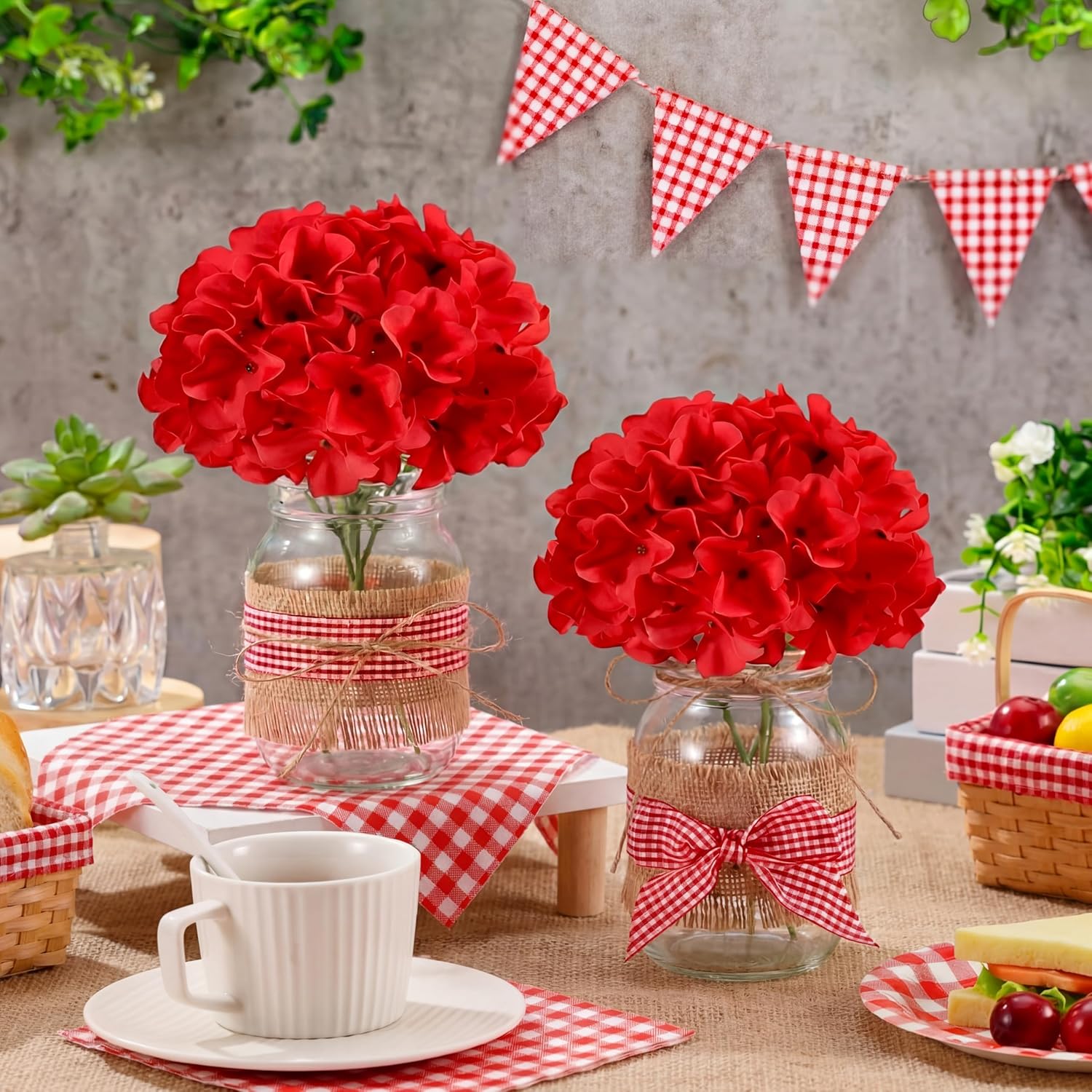 6 Set Picnic Party Centerpieces for Table Mason Jar Table Decor with Artificial Flowers Red Gingham Ribbon for Picnic Birthday Party BBQ Baby Shower Wedding(6,Hydrangea)