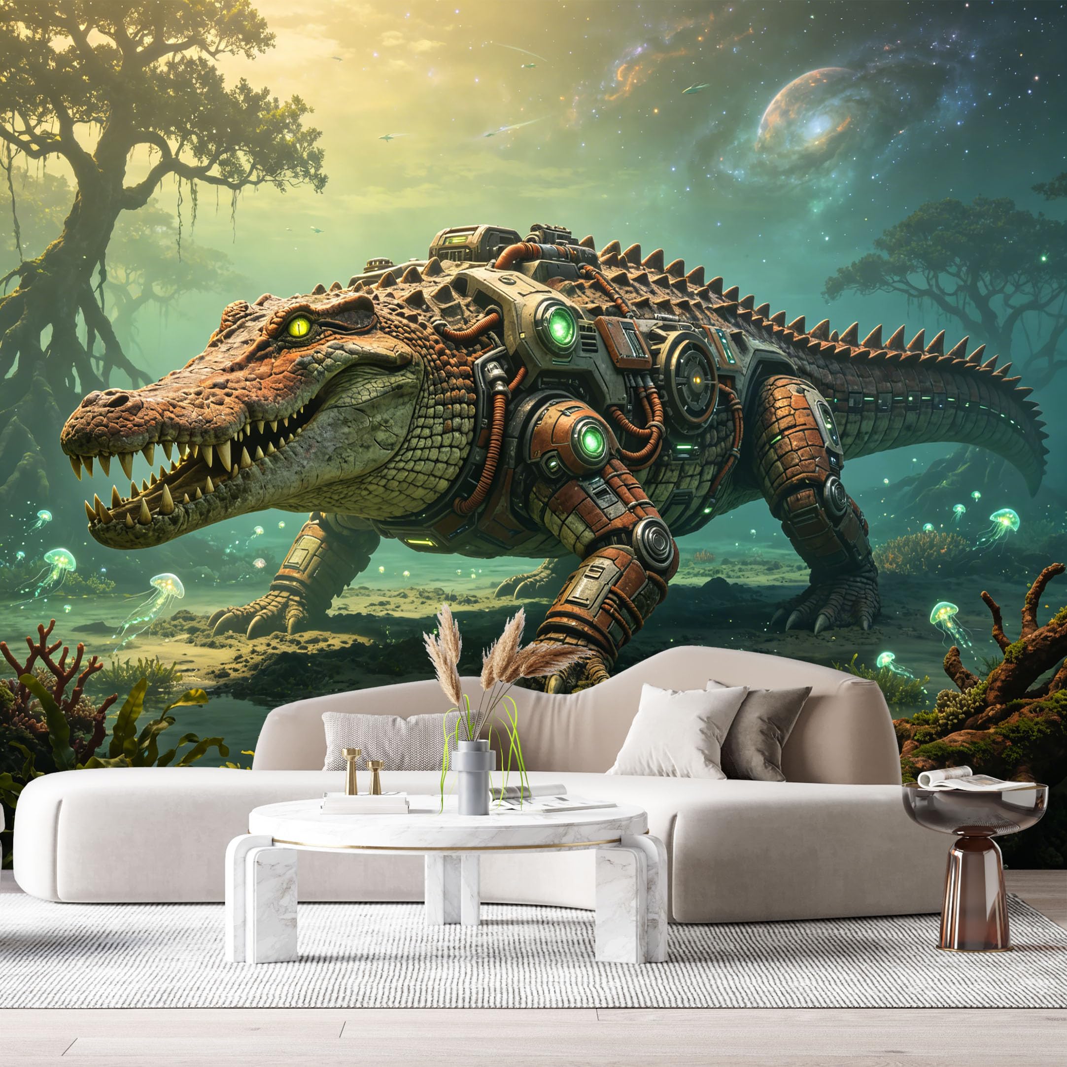 Custom Size Wall Mural Mechanical Crocodile SciFi Armor Metal Beast Futuristic Swamp Scene SelfAdhesive Art Prints Removable Large Wallpaper Esports Room Game Room Tenant Room Studio