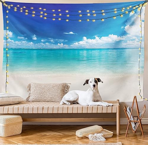 Miniatura 8 de Lunarable Tapiz oceánico, playa de arena costera natural y costa caribeña vista del paraíso celestial, decoración de tela para colgar en la pared