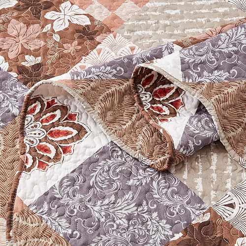 Miniatura 6 de Juego de colcha tamaño King de 3 piezas, ligera, reversible, 98 x 106 pulgadas, suave, floral de parches, de microfibra cálida, para todas las