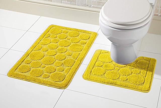 Olivia Rocco® Cali Bubbles 2 Piece Bath Mat & Pedestal Set, Non Slip Bathroom Set (Ochre)