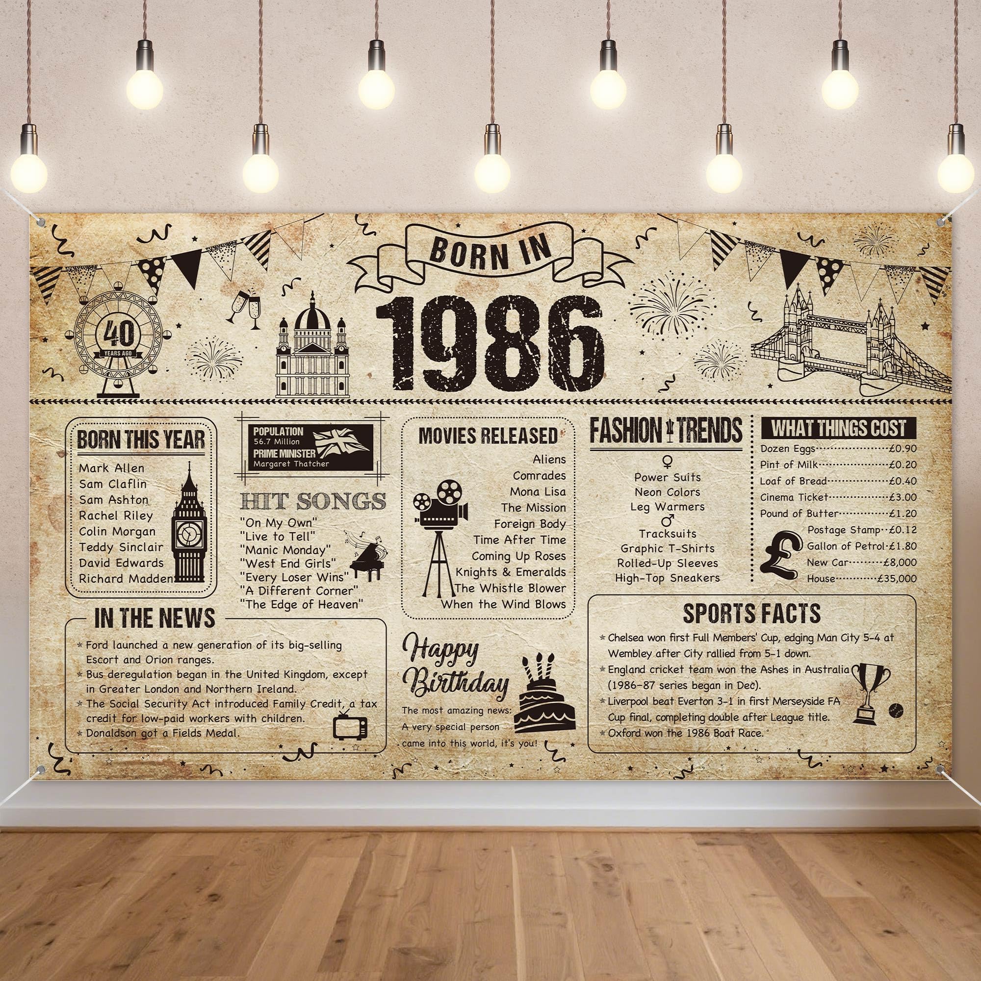 Benjia 40th Birthday Banner Decorations for Men Women Born in 1986 UK Background Happy 40 Years Old Birthday Backdrop Cheers to 40 Years Banners Vintage Poster Bday Gift Home Decor Party Supplies