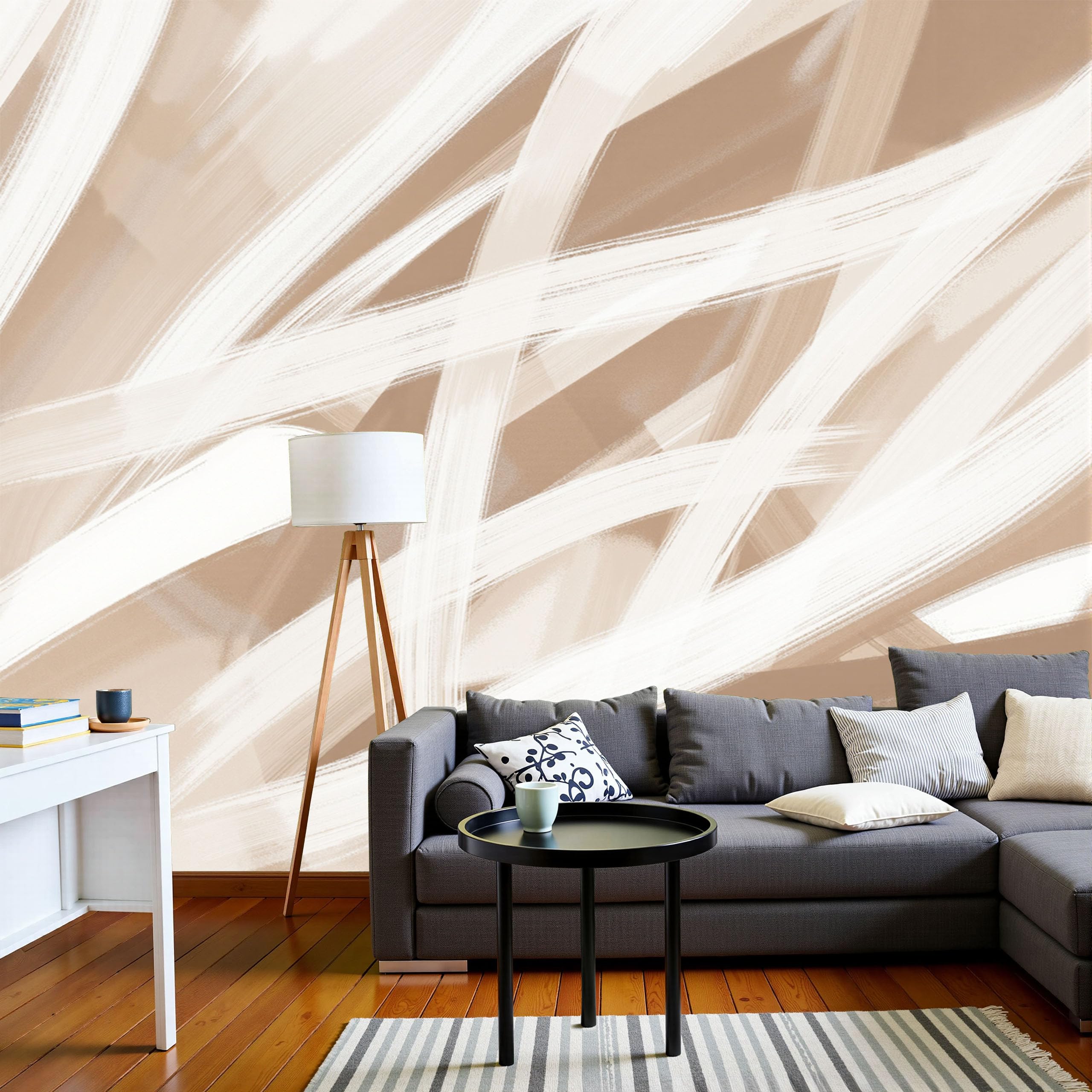 Papier peint panoramique abstrait dessin simple à la main beige haut de gamme