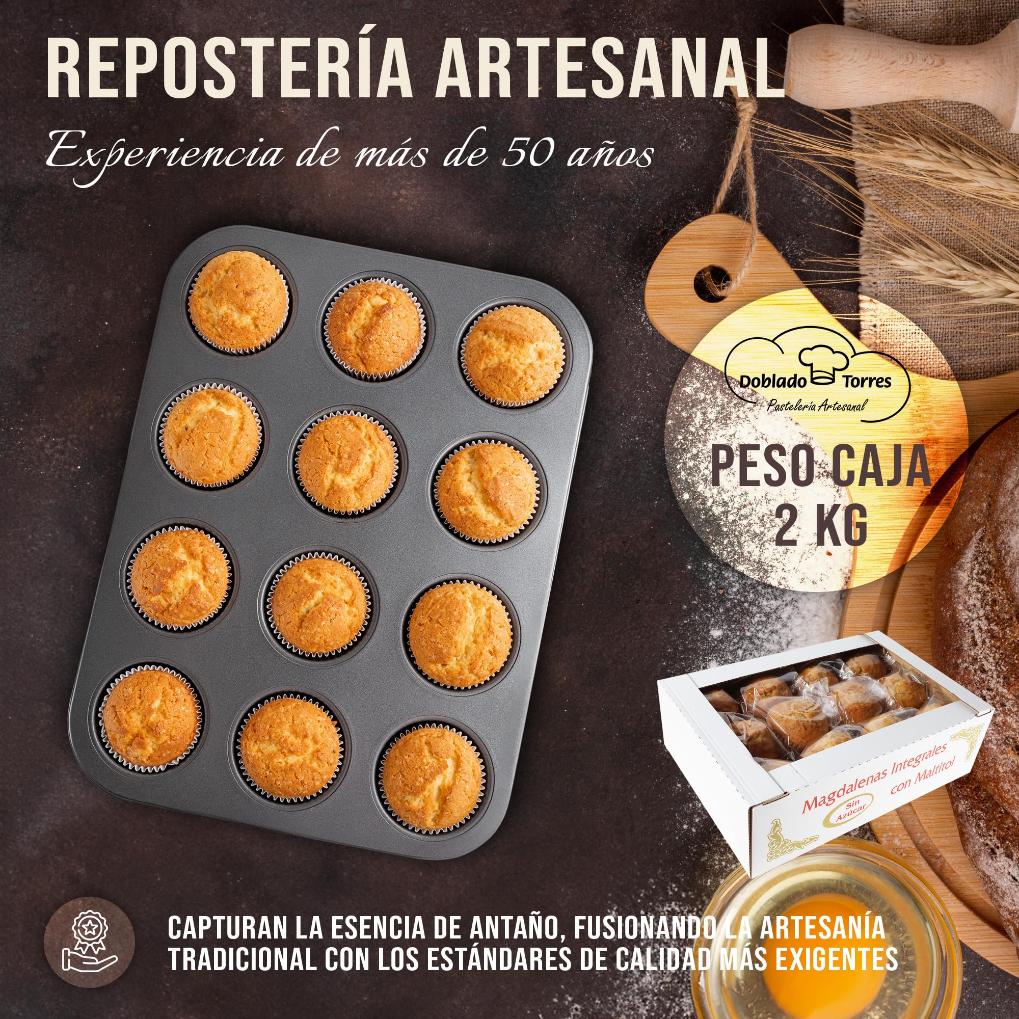 Doblado Torres Magdalenas Integral Sin Azúcar - Magdalenas Caseras con Huevos Frescos. Bollería Sin Azúcar. Ideal para un Desayuno Saludable. Envasadas Individualmente 24 unidades
