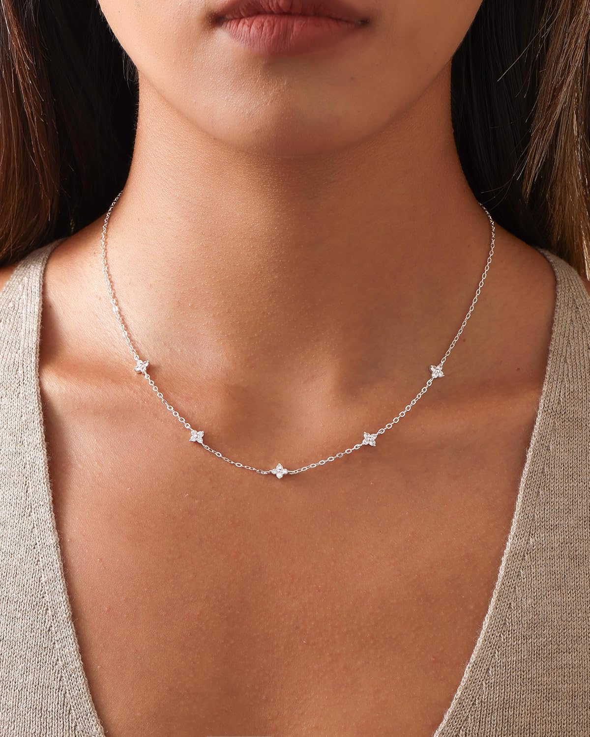 Gold Necklace for Women Non Tarnish, 14K Gold Plated Dainty CZ Clover Marquise Flower Charm Diamond Choker Necklace for Women Trendy Wedding Jewelry - Image 2