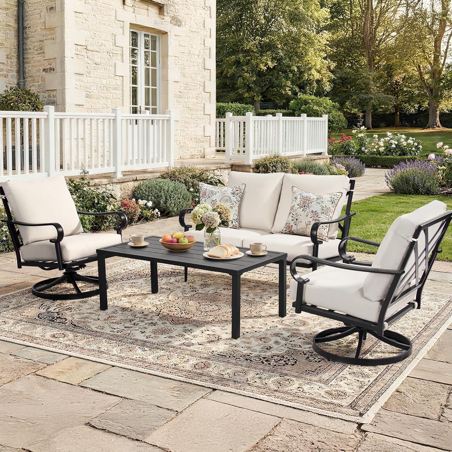 NATURAL EXPRESSIONS 4 Piece Patio Furniture Set, Vintage Metal Outdoor Conversation Set with High Back Swivel Rocking Chairs, 5.5" Thick Cushions for Balcony, Porch