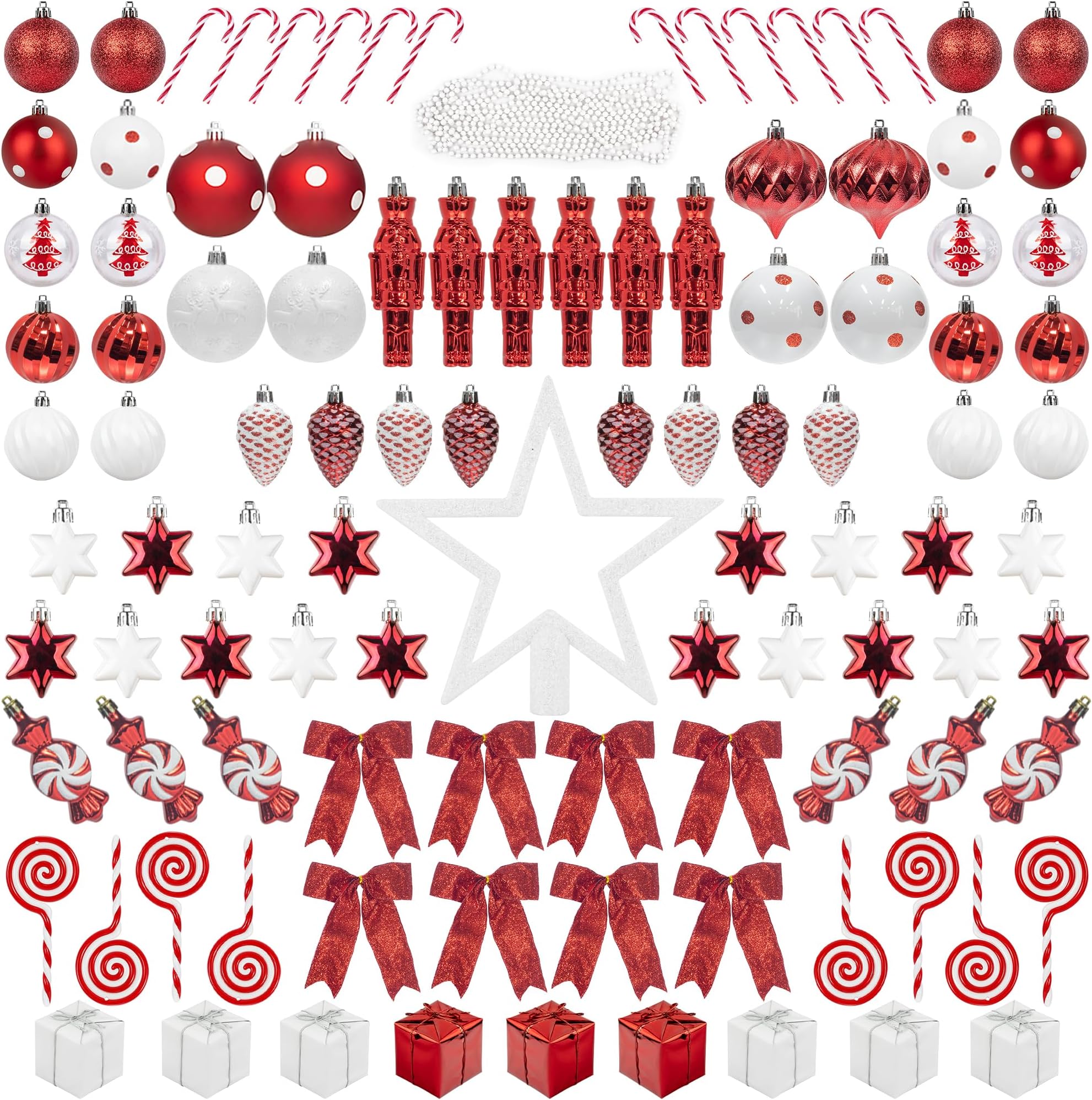 ITART 105pcs Christmas Tree Ornaments Assortment Including Star Tree Topper Baubles Snowflakes Pine Cone Nutcracker Figurines Candy Canes Beads Garlands (Red and White)