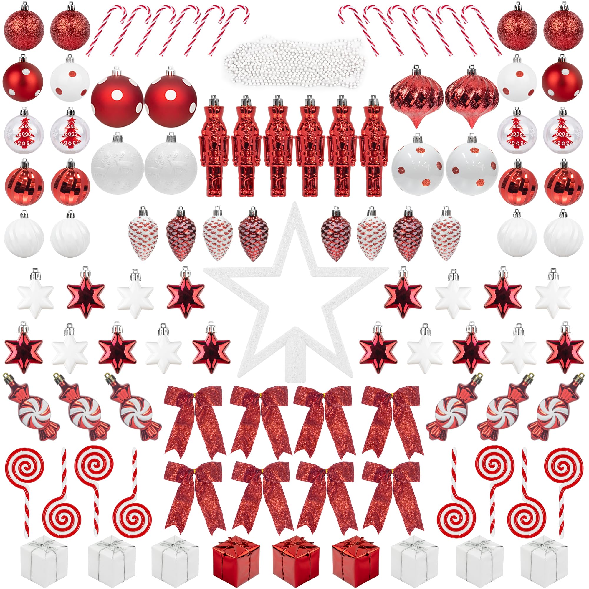Itart Cute 105Pcs Christmas Tree Ornaments Assortment Including Star Tree Topper Baubles Snowflakes Pine Cone Nutcracker Figurines Candy Canes Beads Garlands (Red And White)