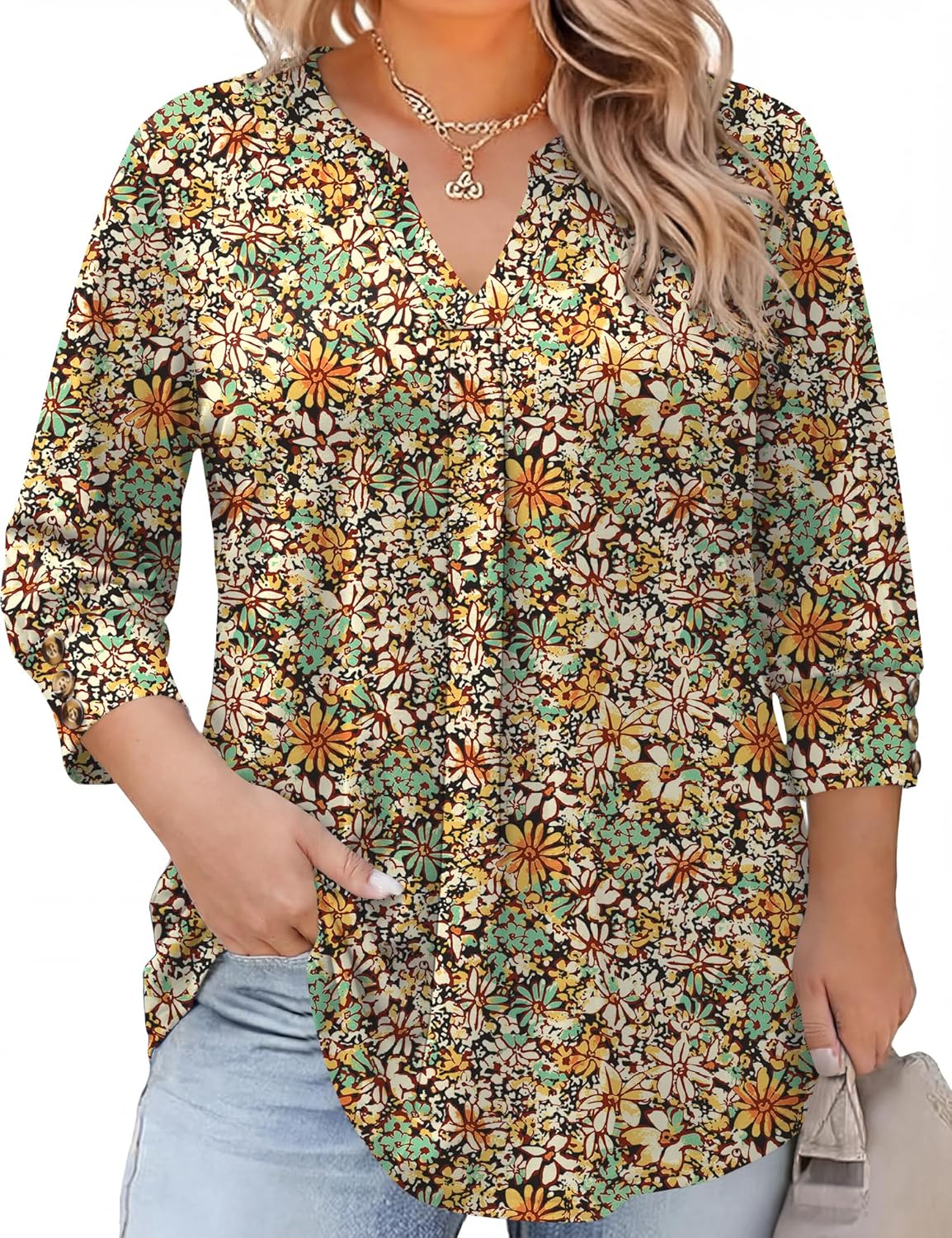 TFSDOD Womens Blouses Women's Plus Size Tops 3/4 Length Sleeve Pleated Blouses Summer Outfits for Women XXL