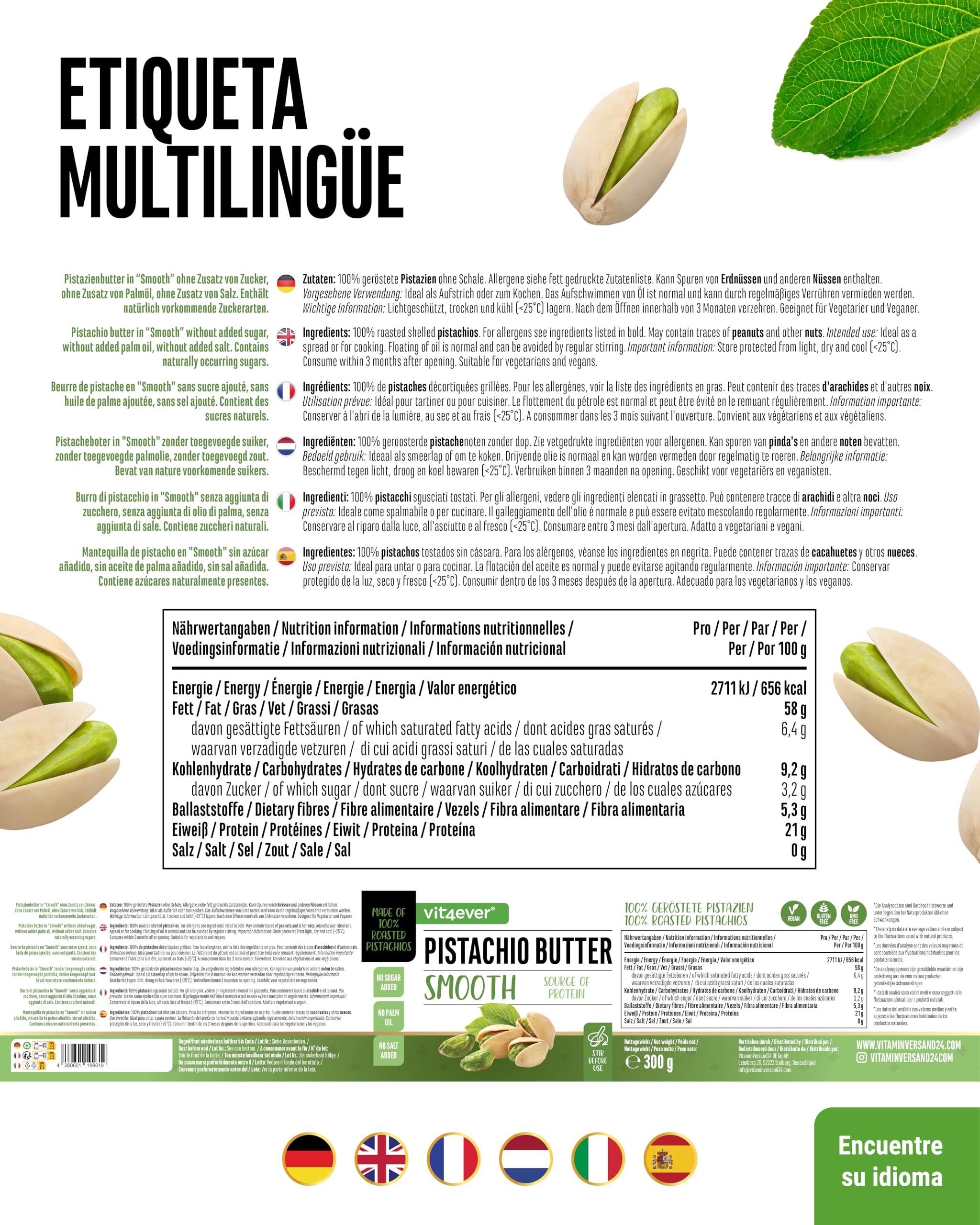 Mantequilla de pistacho 300g crema natural 100% pistachos sin sal vegano