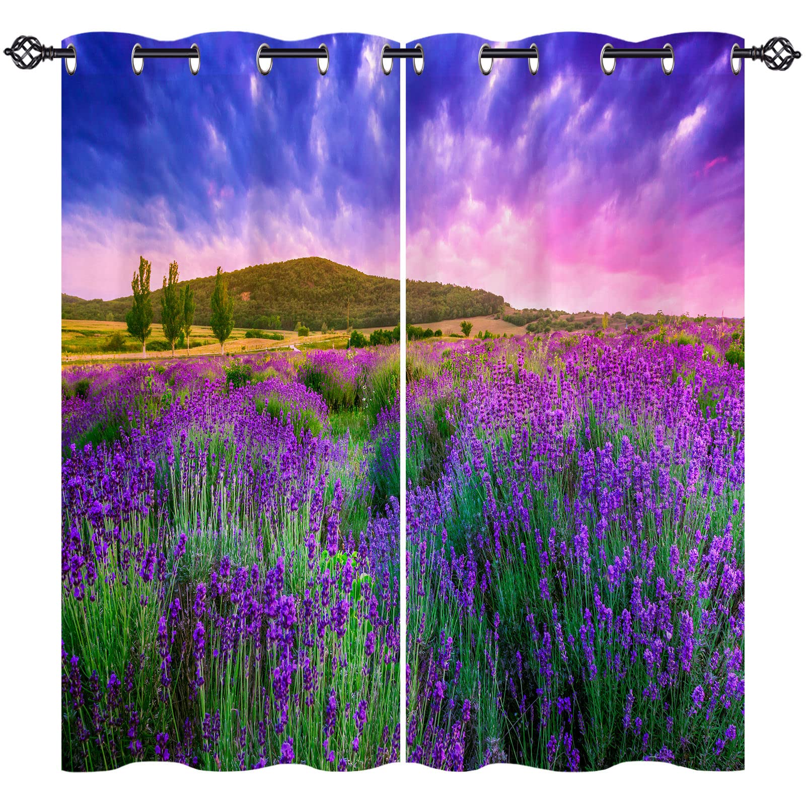 ANHOPE Lavender Curtains Eyelet 80% Blackout Room Darkening Curtains with Nature Purple Lavender Flower Print Pattern Thermal Insulated Window Drapes for Bedroom Living Room 46 x 54 Inch Drop 2 Panels