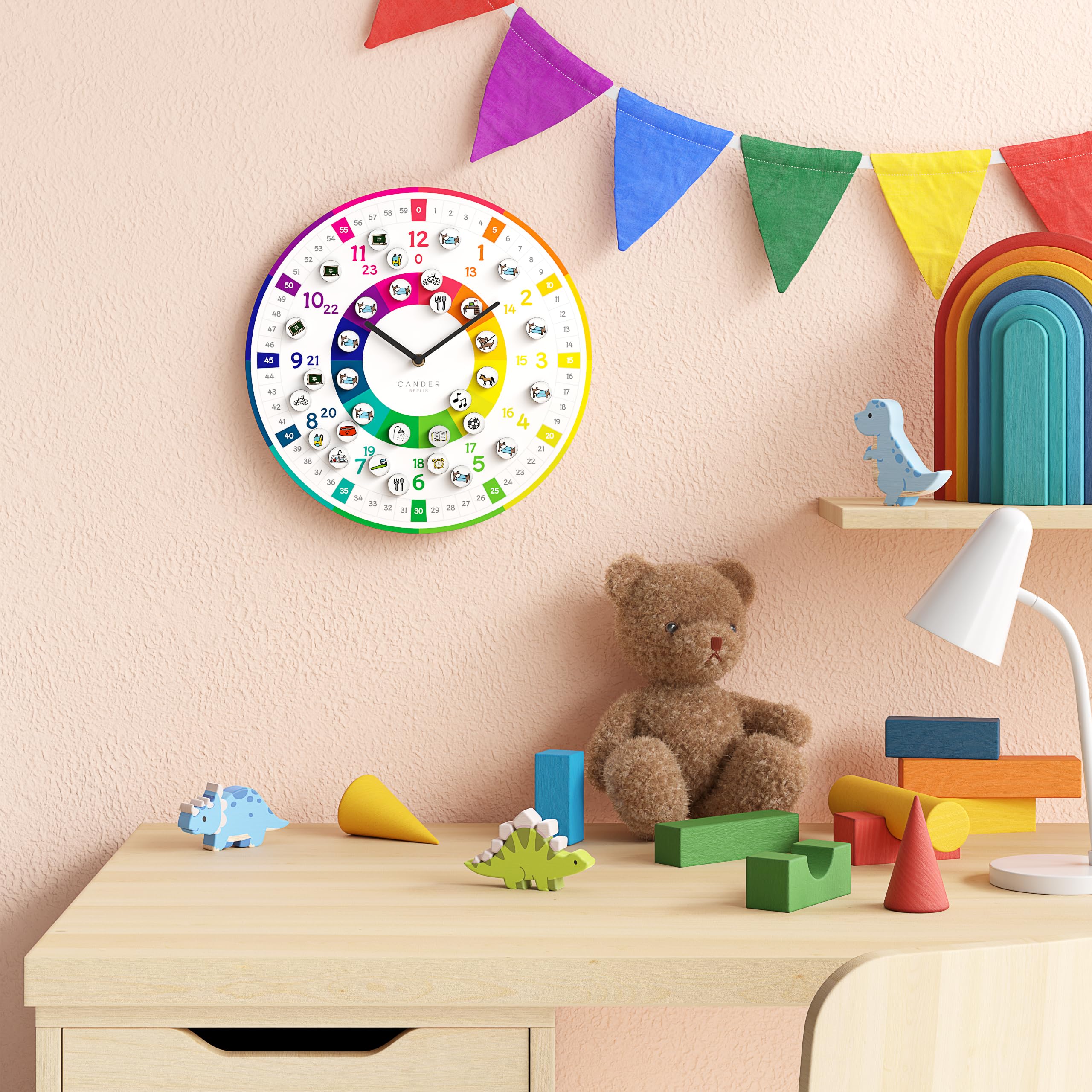 Cander Berlin MNU 11930 K Horloge murale silencieuse avec photos magnétiques 30 cm Pour chambre d'enfant Motif routine quotidienne Horloge d'apprentissage analogique sans tic-tac pour filles et
