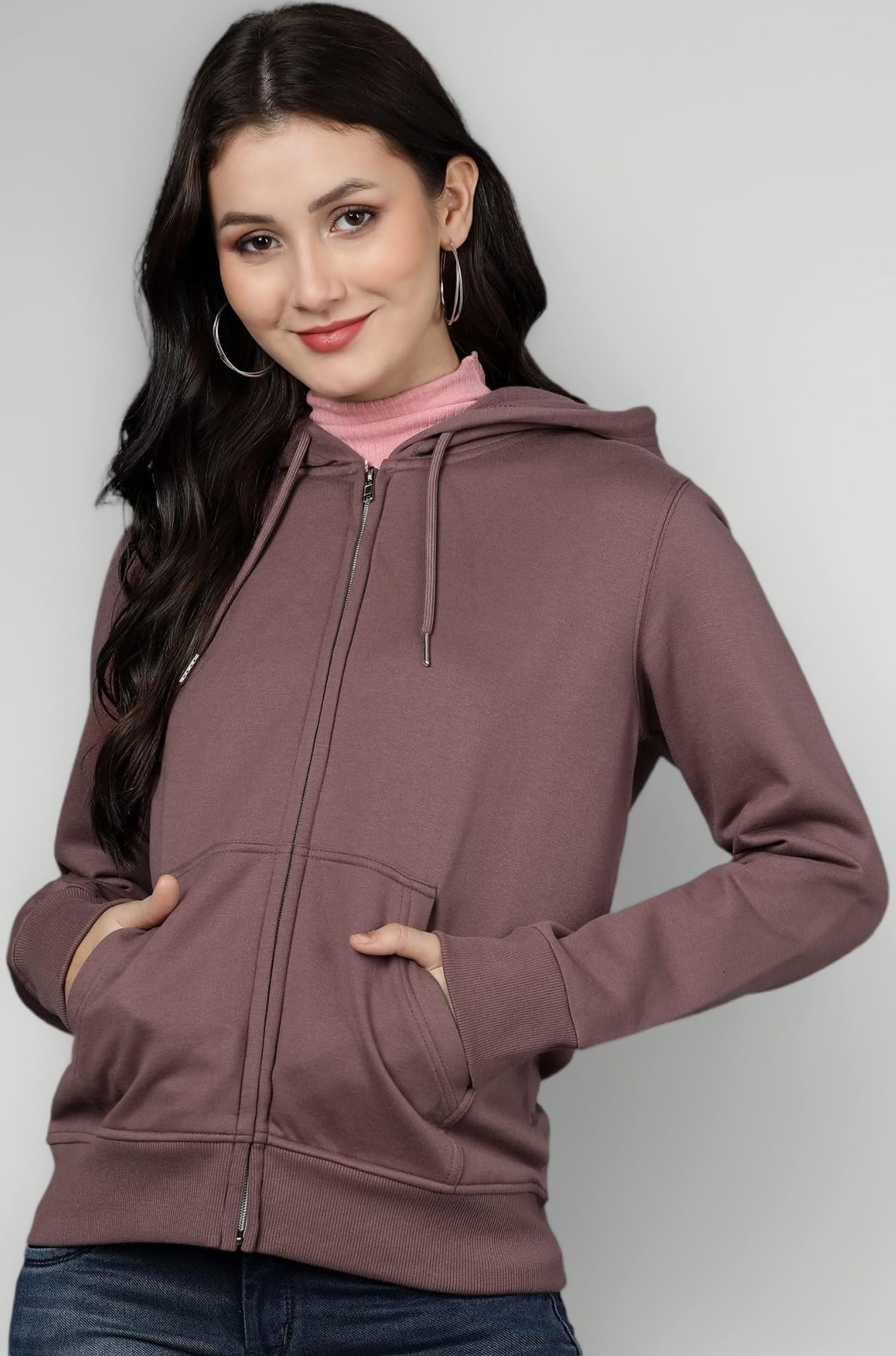Women's Solid Zipper Hooded Sweatshirt | Front Zip, Ribbed Hem, Lined Hood, Casual Winter Wear