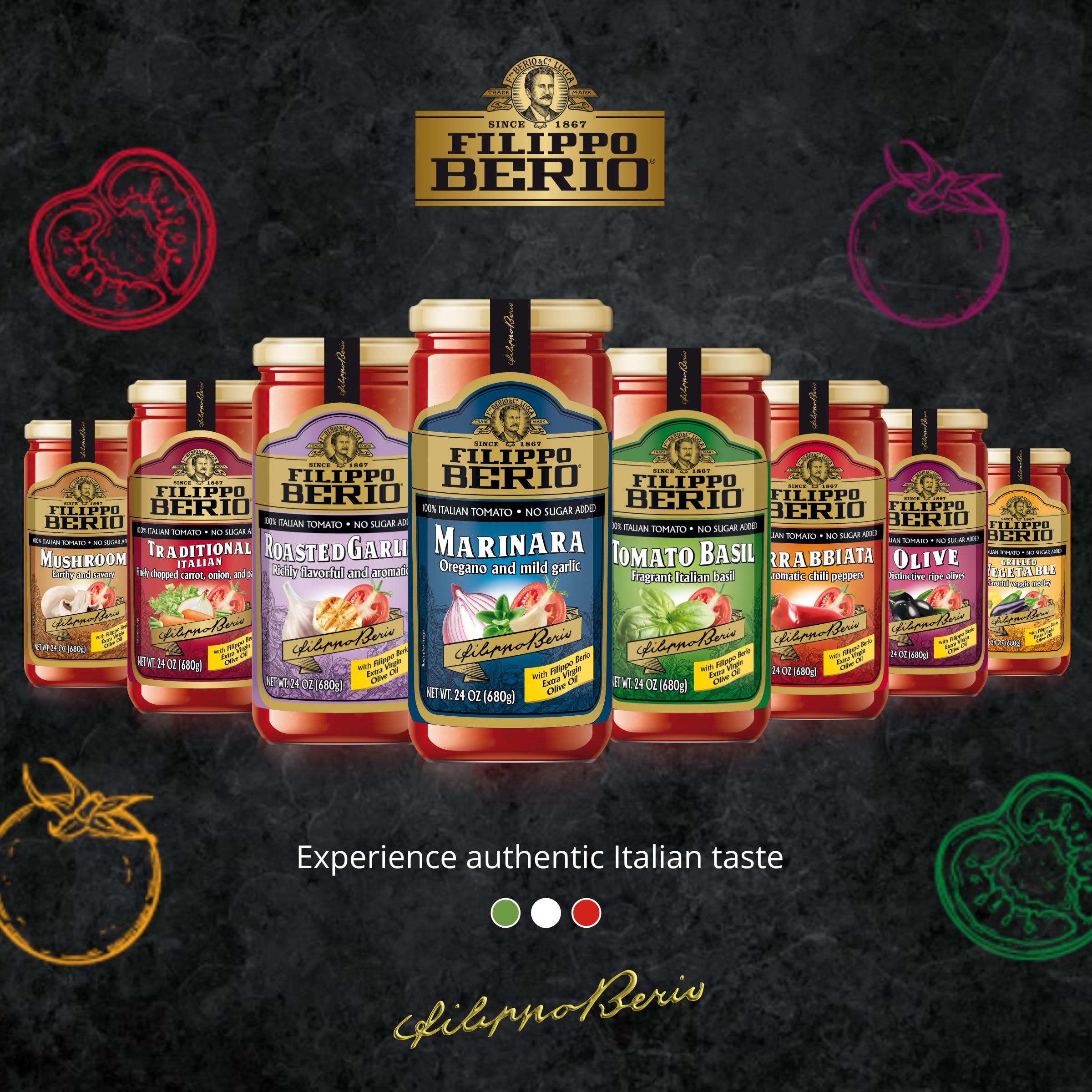 Filippo Berio Pasta Sauce, Grilled Vegetable Sauce, 24 Ounce Glass Jar, No Sugar Added, Vegan, Gluten Free, Lactose Free, Non-GMO