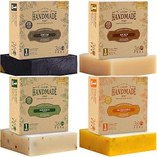 360Feel Men's Natural Bar Soap 4-Pack: Bay Rum, Pine Tar, Patchouli, Island Citrus - Handmade USA Castile Soap for Men