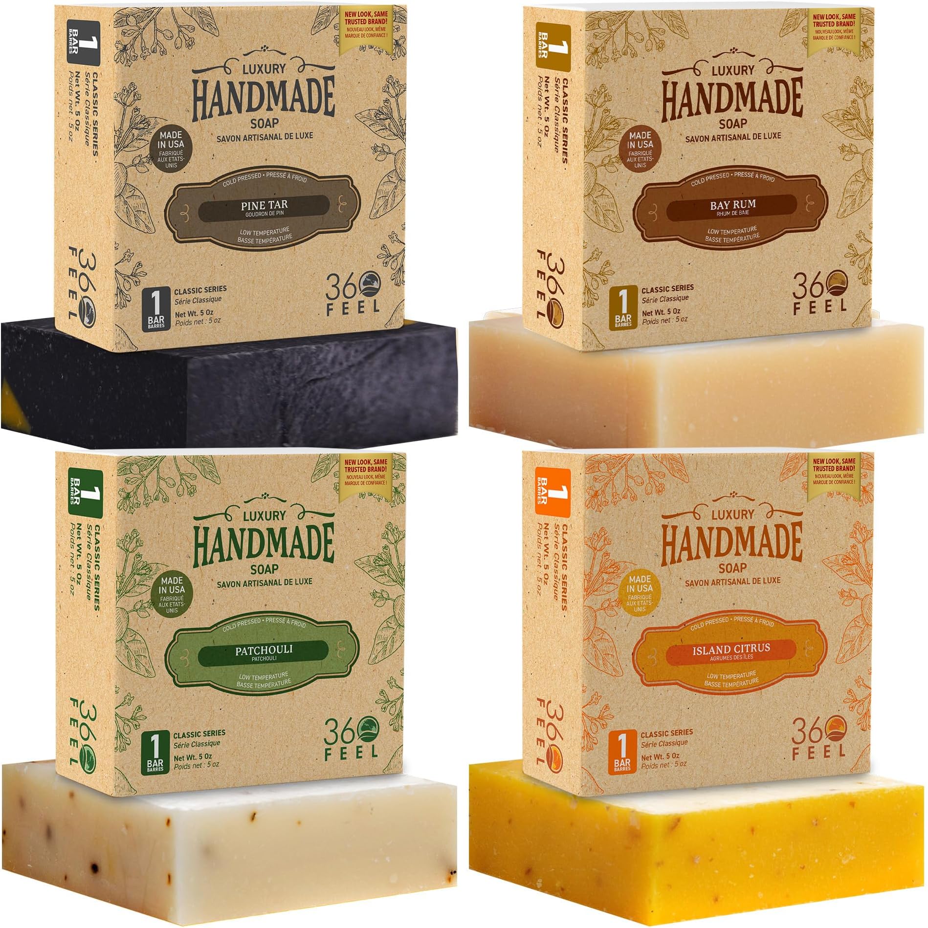 360Feel Men's Handmade Natural Soap bar - 4 Large Best Sellers Mens Soap Bar with Masculine fragrance- Bay Rum, Pine Tar, Patchouli, Citrus Soaps- Gift pack- Organic Mens Soap, Castile Mens Bar Soap