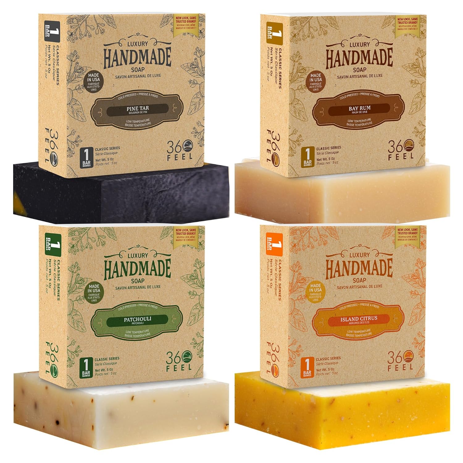 360Feel Men's Natural Bar Soap 4-Pack: Bay Rum, Pine Tar, Patchouli, Island Citrus - Handmade USA Castile Soap for Men