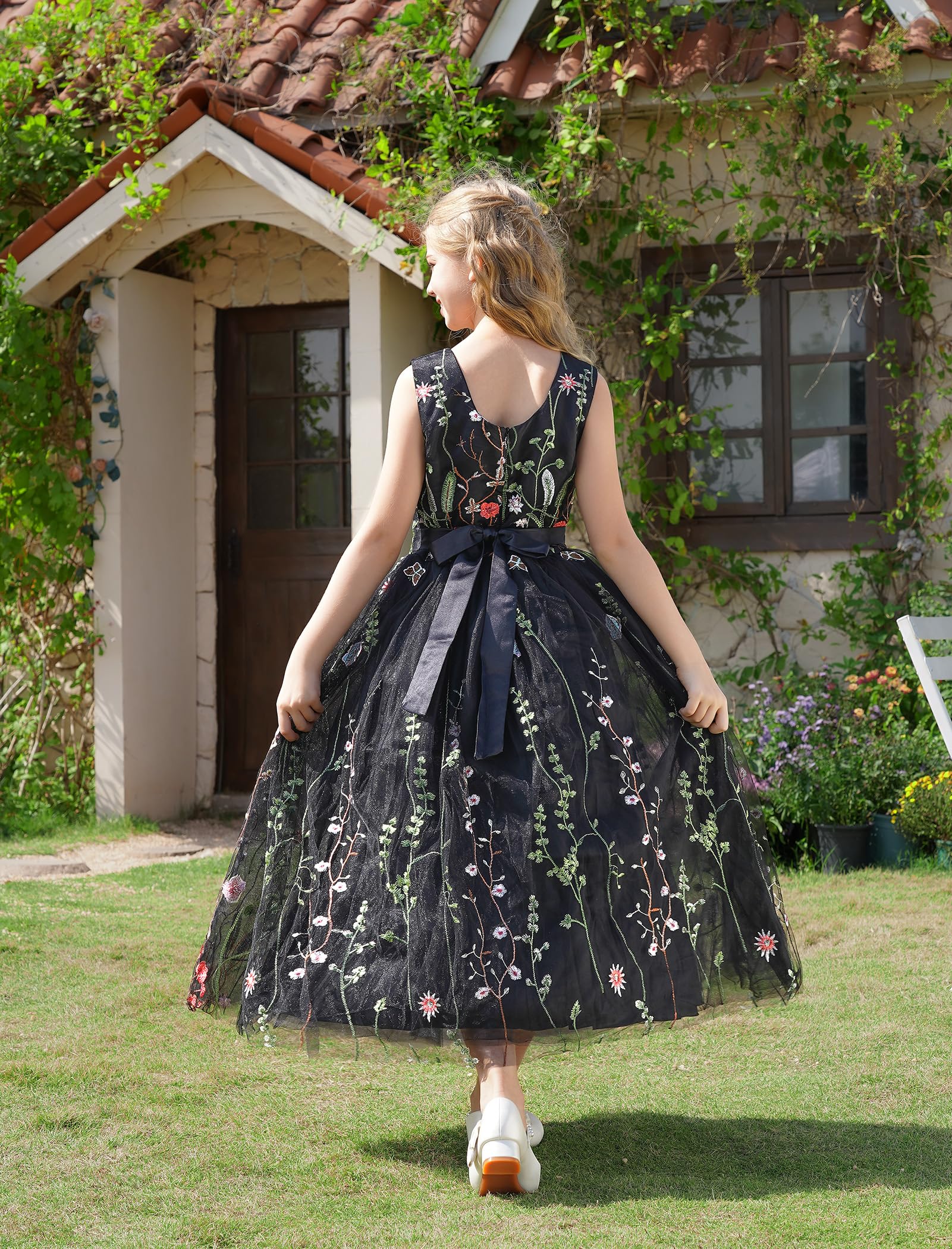Mädchen Mesh Blume besticktes Kleid Illusion Tüll Mesh Stickerei Kleid für Mädchen Blumenmädchen Kleider für Hochzeit Geburtstag