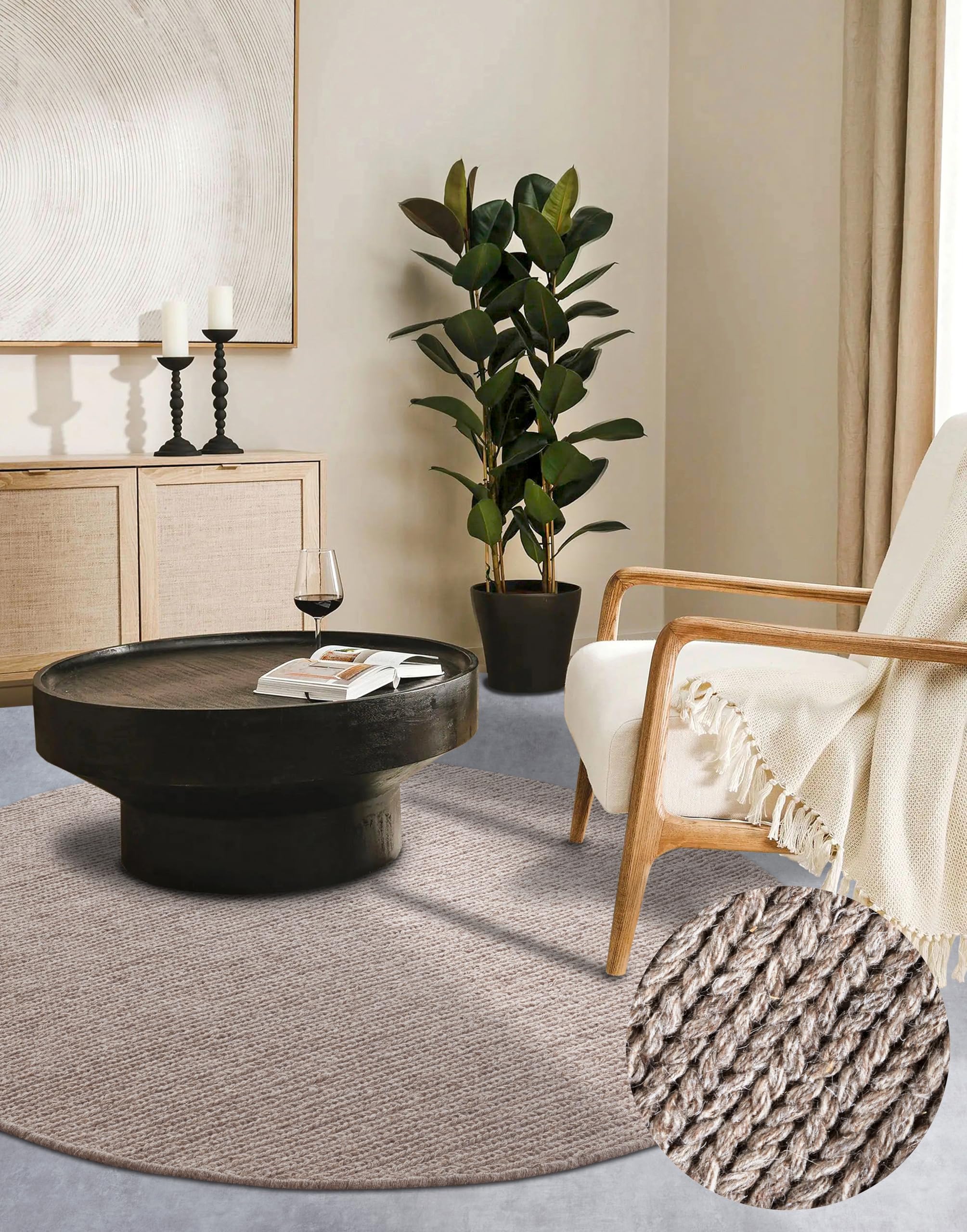 Villeroy & Boch Wollteppich Francois Rund - Natur Wohnzimmerteppich - Handgewebt & Natürlich - Boho Teppich Wolle für Wohnzimmer, Schlafzimmer, Esszimmer, Flur, Küche – Linen, 200cm