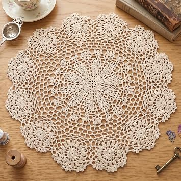 Amaxiu Beige Lace Doilies for Tables, 15.74 Inch Cotton Round Handmade Tablecloth Crochet Lace Tablecloth Doilies Vintage Placemat for Home Dining Room Wedding Decoration
