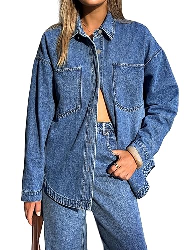 EMMIOL Women Denim Shirts Oversized Long Sleeve Button Down Blouse