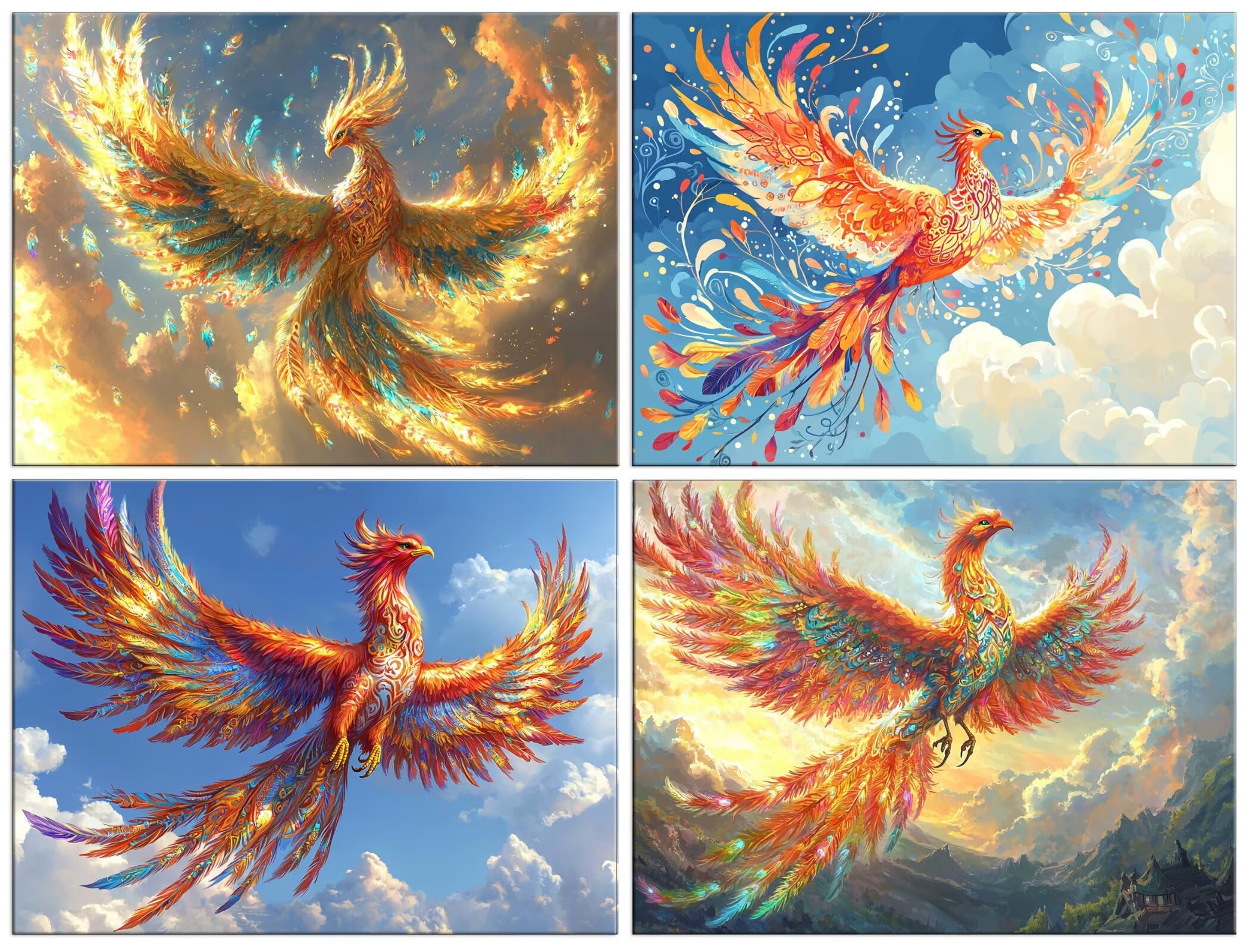 Zestaw 4 diamentowych obrazów dla dorosłych, 5D DIY Phoenix diamentowe zestawy do malowania, okrągły diament kryształowy dla dzieci początkujący zestaw do haftu artystycznego do dekoracji ścian domu