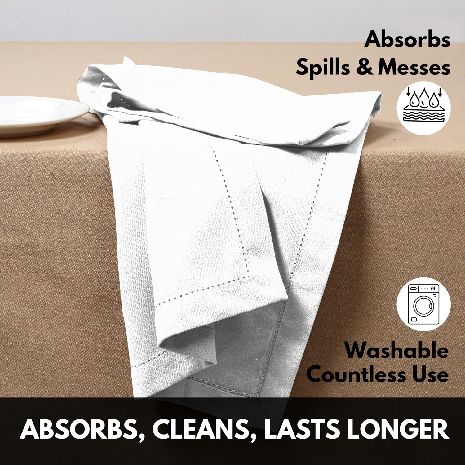 Cloth Napkins 18”X18” 100% Cotton Hemstitch Decorative Washable Table Napkin for Kitchen, Party, Wedding, Restaurant & Camping - White (Set of 12)