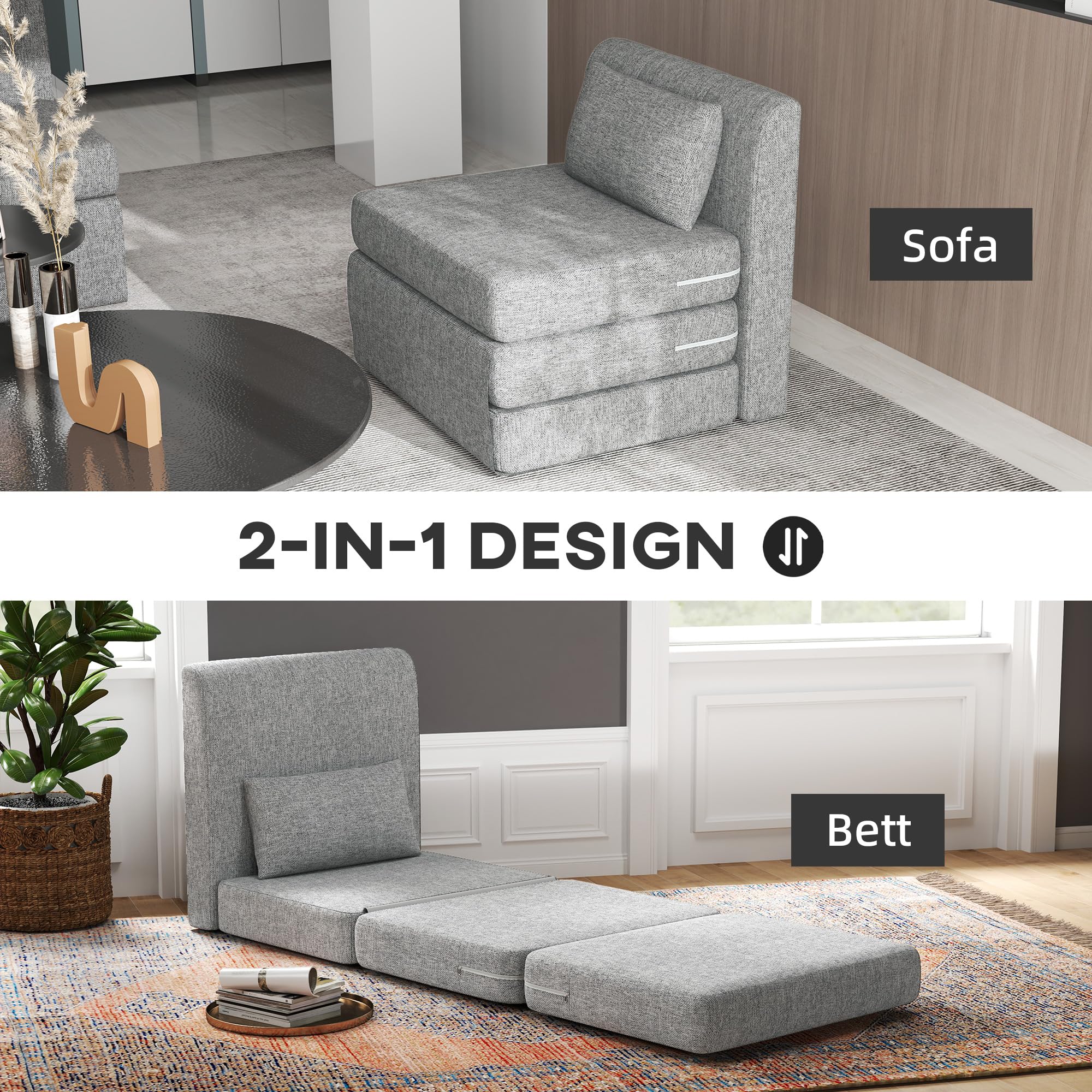HOMCOMFotel do spania 2 w 1, składany z funkcją łóżka, wygląd lnu, tapicerowane, łóżko dla gości, składany materac, fotel podłogowy, do salonu, sypialni, szary