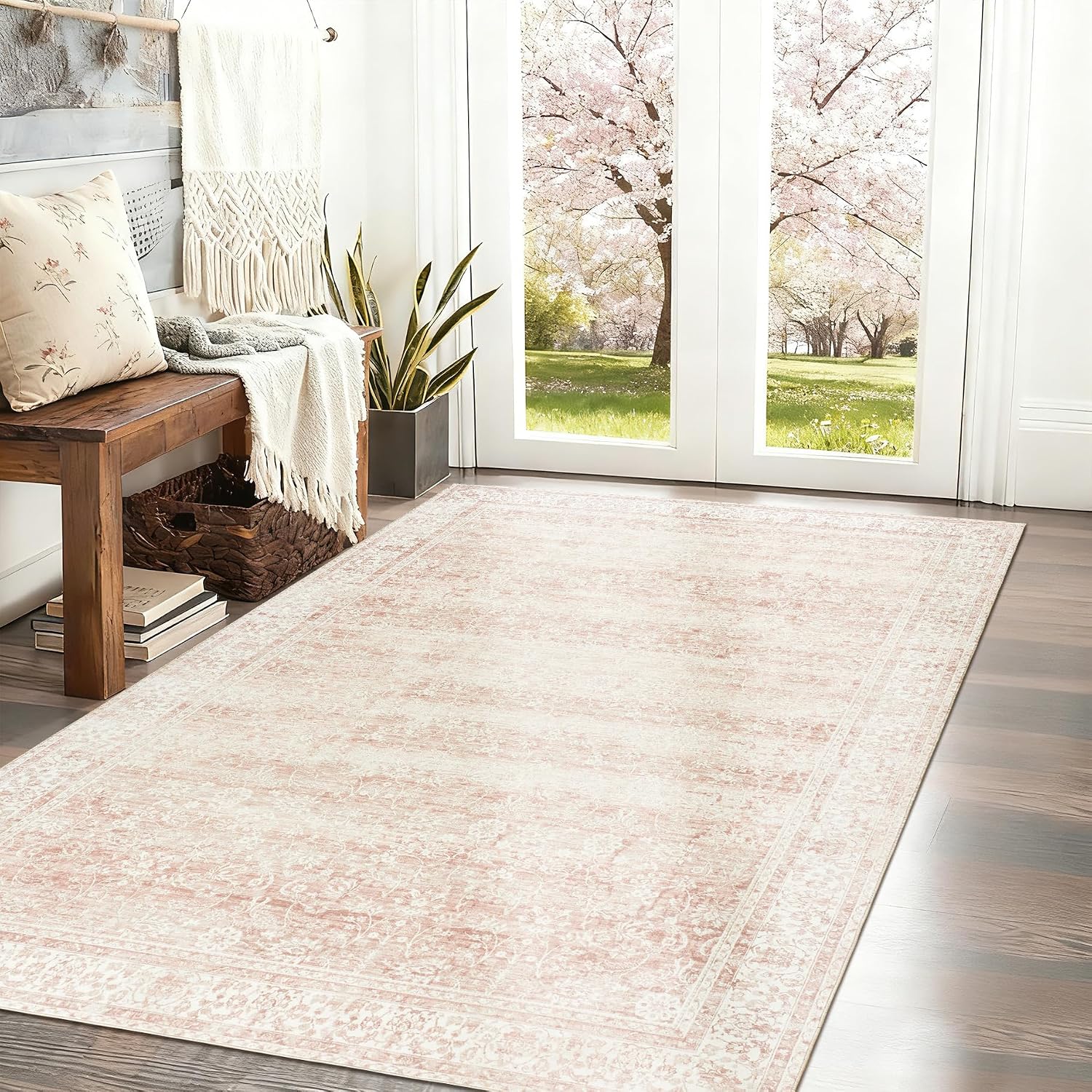 BILEEHOME Vintage Pink Rug 4x6 Washable Non Slip Floral Aesthetic Indoor Rugs for Entryway Kitchen Low Pile Carpet for Laundry Room Bathroom Front Door Mat for Entrance 4 x 6