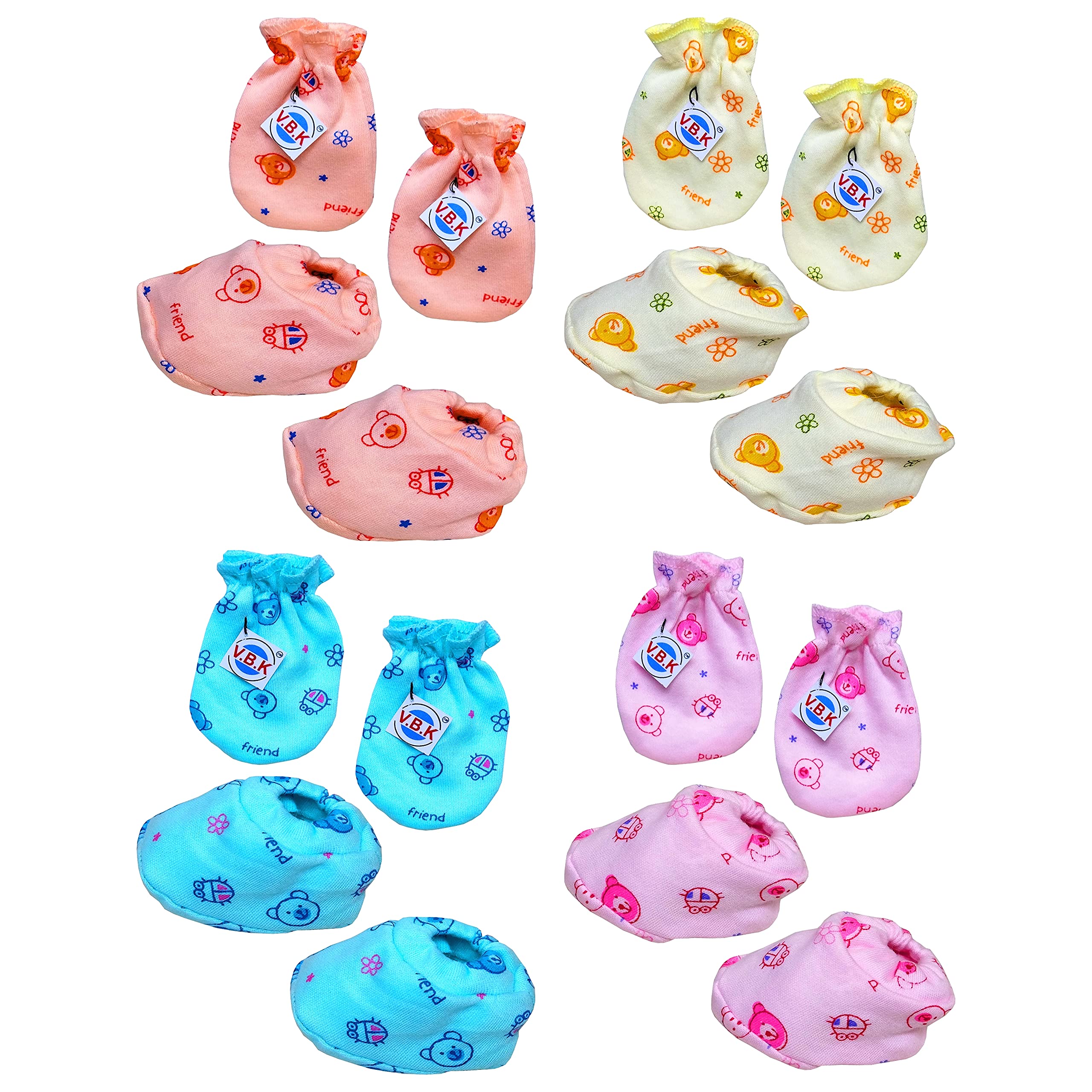 V.B.K Baby Boy and Baby Girl Care Combo Pack of Hand Mittens (4 Pair), Leg Booties (4 Pair) and Cap (6 Piece), Pure Hosiery Soft Fabric, 0 to 4 Months, Multicolor