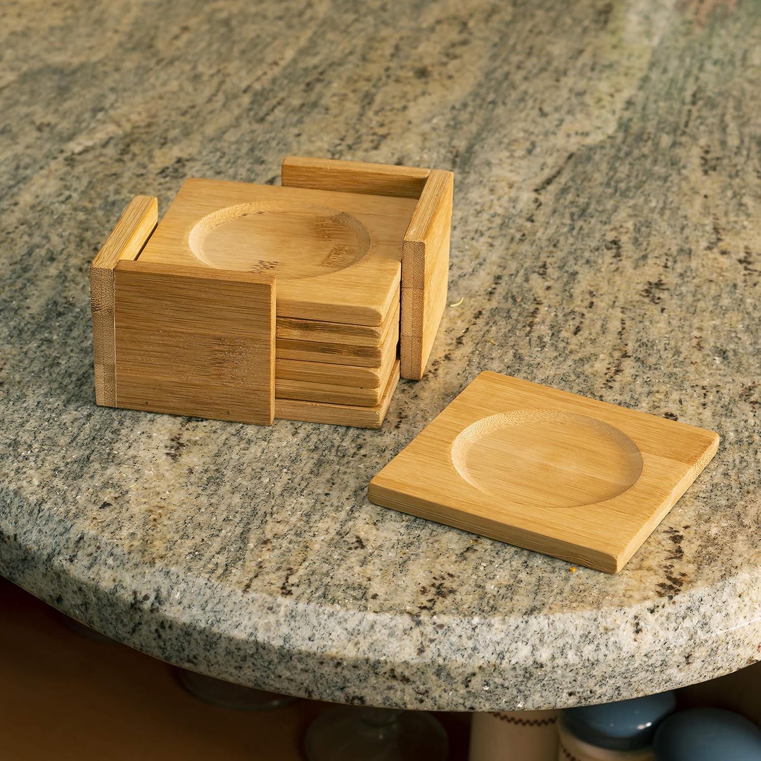 Home Basics Set of 6 Natural Bamboo Square Coaster with Holder, Perfect Table Coaster for Hot & Cold Drinks, Protect Home Kitchen Table, Office Desk – Spill Proof, Stackable & Furniture Protection