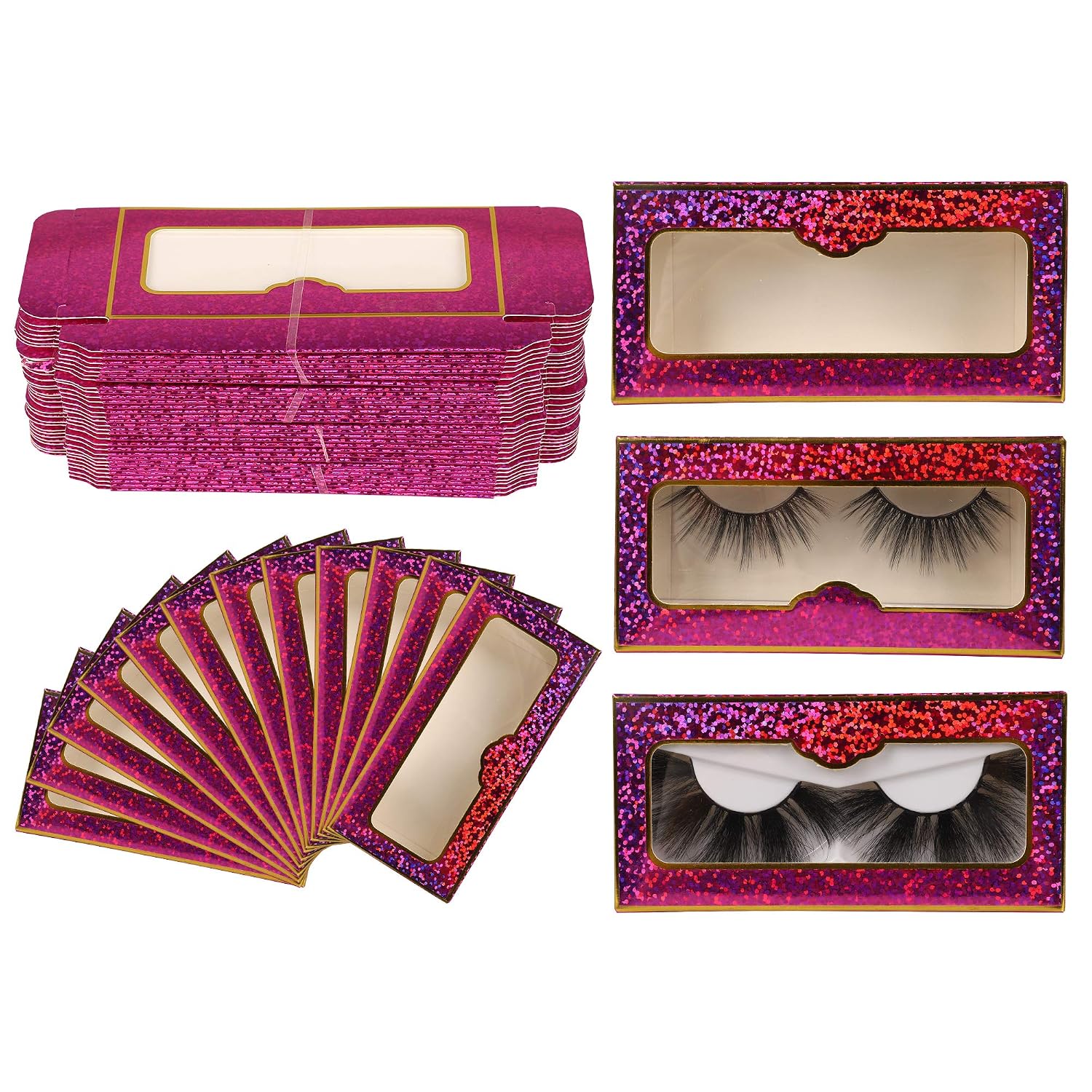 32 Pieces Eyelash Box Empty, Paper Eyelash Holder Case Storage Boxes, Suitable for 12mm-25mm Lashes and Mink Eyelashes (Rose Red)