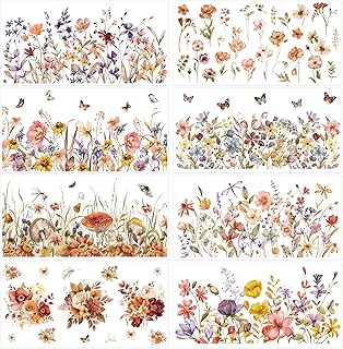 Boho Floral Rub on Transfers for Crafts: 8 Pcs Vintage Fall Flower Rub on Transfers for Furniture, Autumn Flower UV DTF Sticker Decals, Iod Transfers for DIY, Dresser Table Wood Glass Home Decor