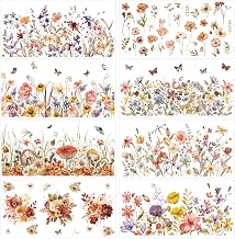 Boho Floral Rub on Transfers for Crafts: 8 Pcs Vintage Fall Flower Rub on Transfers for Furniture, Autumn Flower UV DTF Sticker Decals, Iod Transfers for DIY, Dresser Table Wood Glass Home Decor