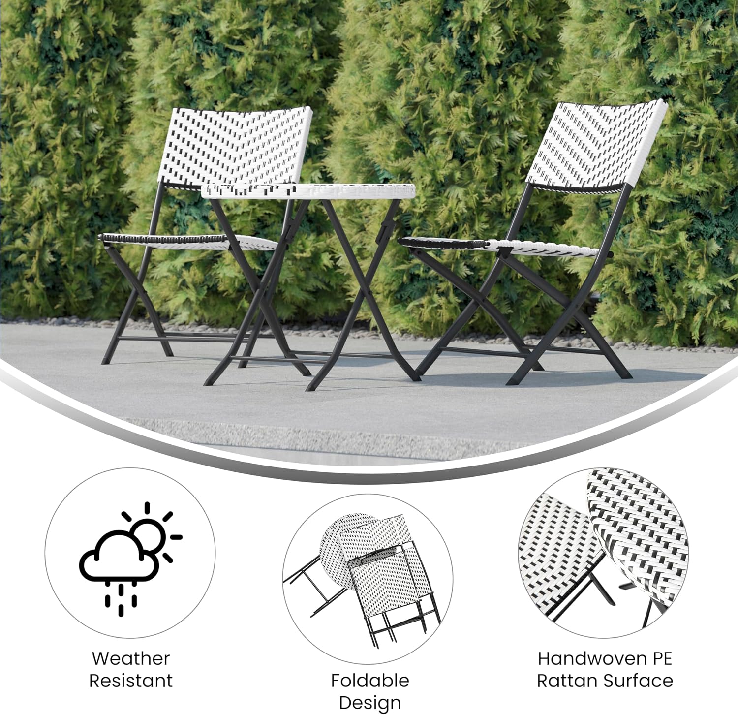 EMMA + OLIVER Ciel Three Piece Folding Bistro Set - Black and White PE Rattan - Black Metal Frames - Indoor/Outdoor Use