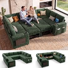 WEUP 111" Modular Sectional Sleeper Sofa with Pull Out Bed, 8 Seat Chenille U Shaped Couch with Storage Chaise|USB Ports|Cup Holders|Side Table|Storage Armrests, Tool Free Assembly, Green