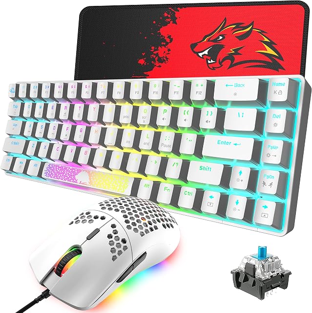 60% kompaktowa mechaniczna klawiatura do gier z 18 RGB Light Type-C przewodowa 68 klawiszy antyduchowych + optyczna mysz do gier o strukturze plastra miodu z 6400 DPI + zestaw podkładek pod mysz