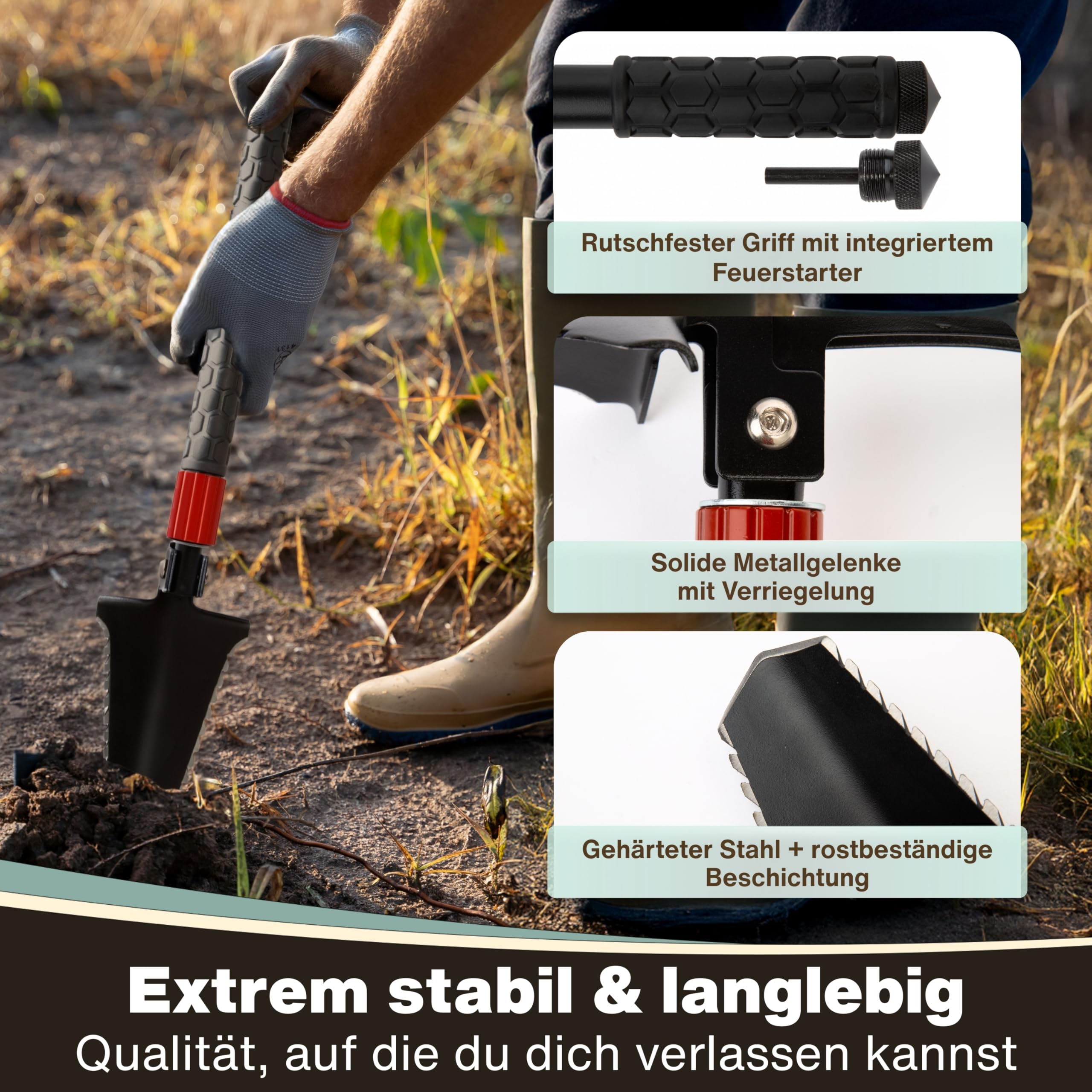 Pala plegable 9 en 1 – Pala plegable de supervivencia con sierra de raíz, acero para fuego y bolsa – Herramienta compacta al aire libre – Regalos para hombres, ideal para camping, bushcraft y