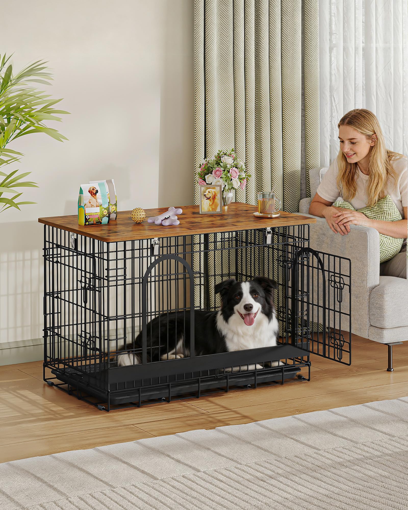 Hzuaneri Cage pour Chien, 94 cm Meuble Cage Chien en Fil, Noir Marron | Cage Épaissie Usage Intérieur/Extérieur, Pliable avec plateau, Taille L pour Chiens Petits/Moyens, 94 × 60 × 64 cm, DFC98501B