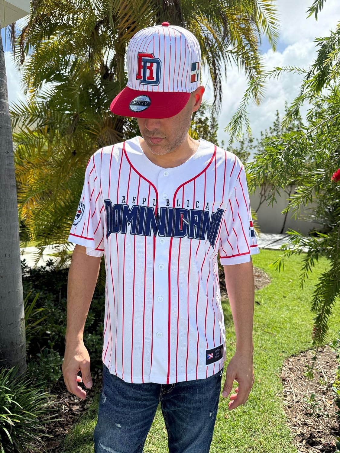 Dominican Republic Baseball Jersey for Men – Dominican Republic Embroidered on Front – Red Pinstripe Shirt with Coat of Arms
