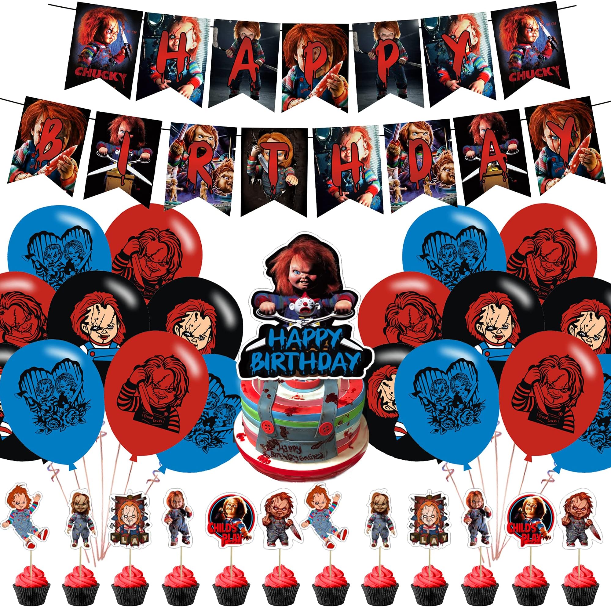 THREEMAO Horror Movie Character Party Decorations,Chucky Party Supplies,Halloween Ghost Scary Horror Themed Includes Banner,Cake Toppers and Horror Balloons for Halloween Birthday Decorations