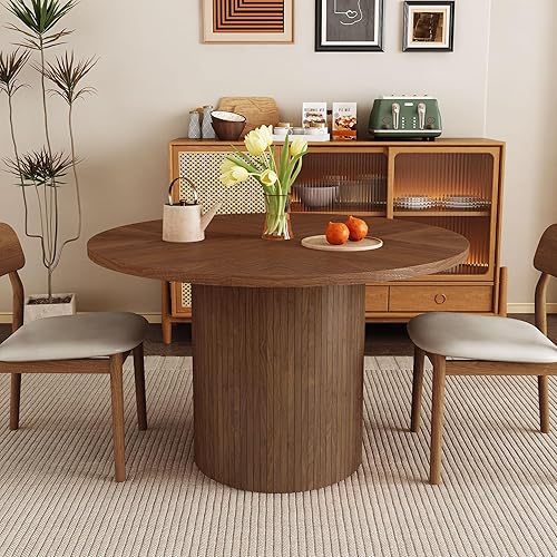 Miniatura 20 de Mesa de comedor redonda para 4, moderna mesa de cocina de granja, mesas de comedor circulares pequeñas de 47 pulgadas con base de tira de madera