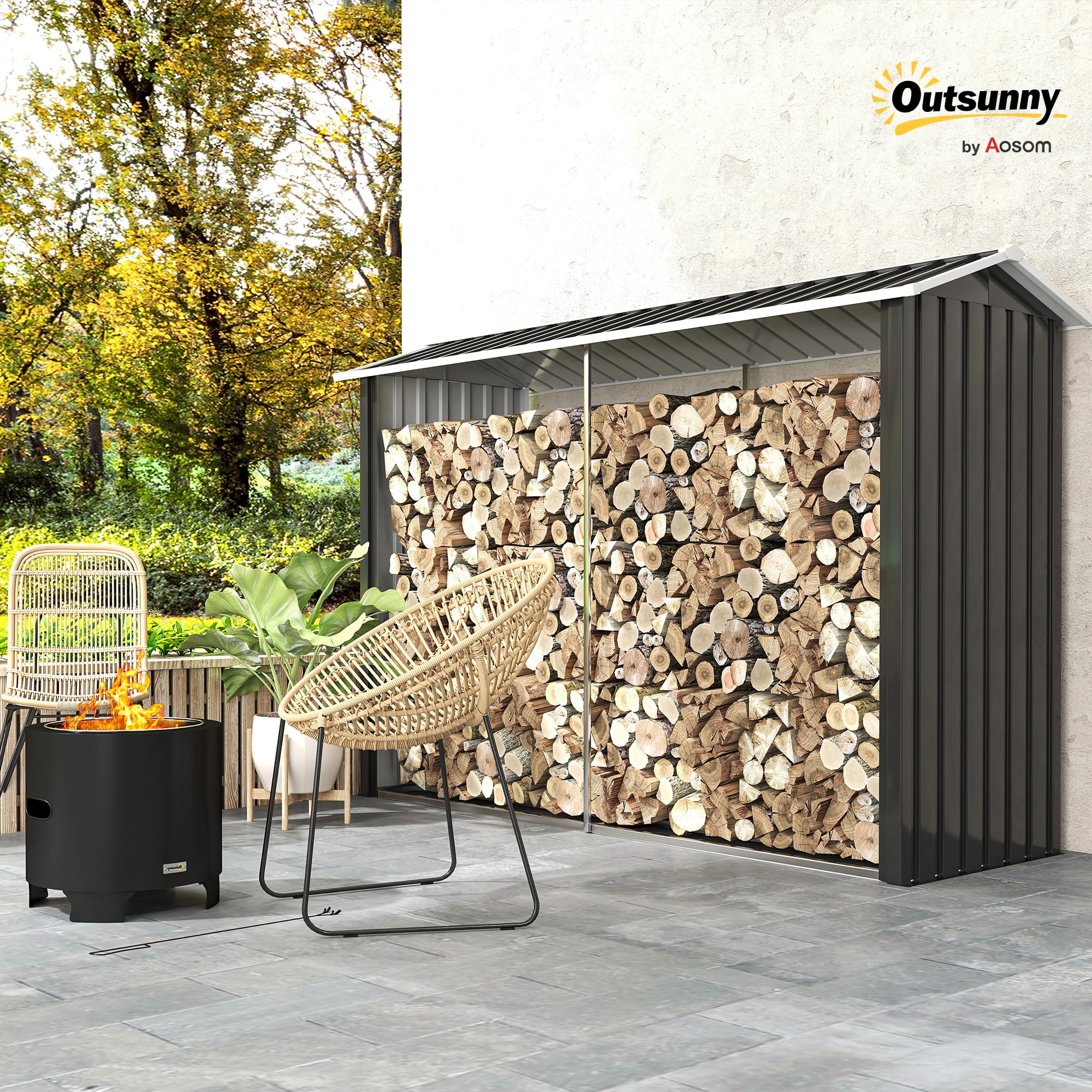 Outsunny Portalegna da Esterno Acciaio Galvanizzato 240x86x160cm Nero con Base Rialzata e Tetto Inclinato